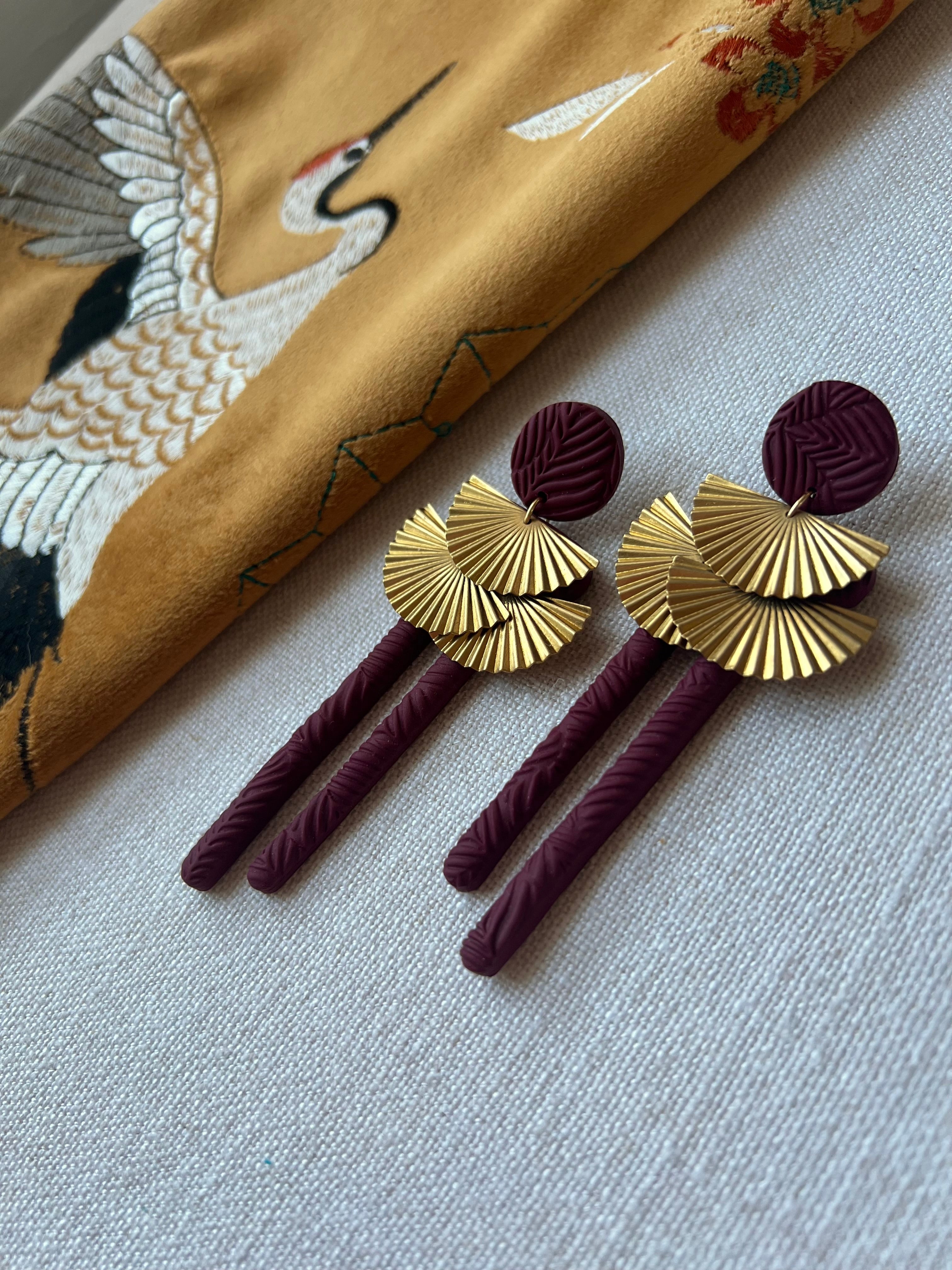 Burgundy Earrings with Brass Fans