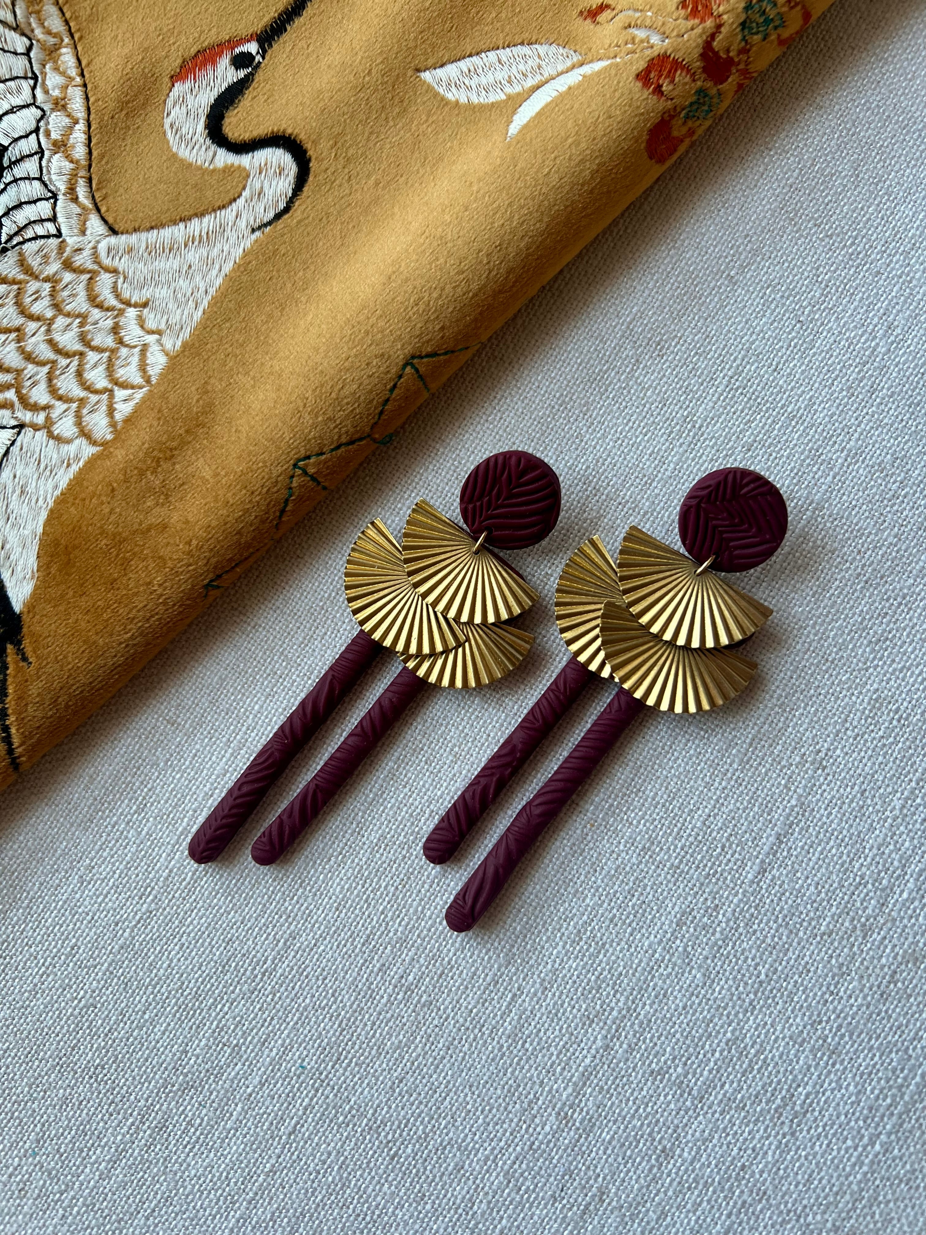 Burgundy Earrings with Brass Fans