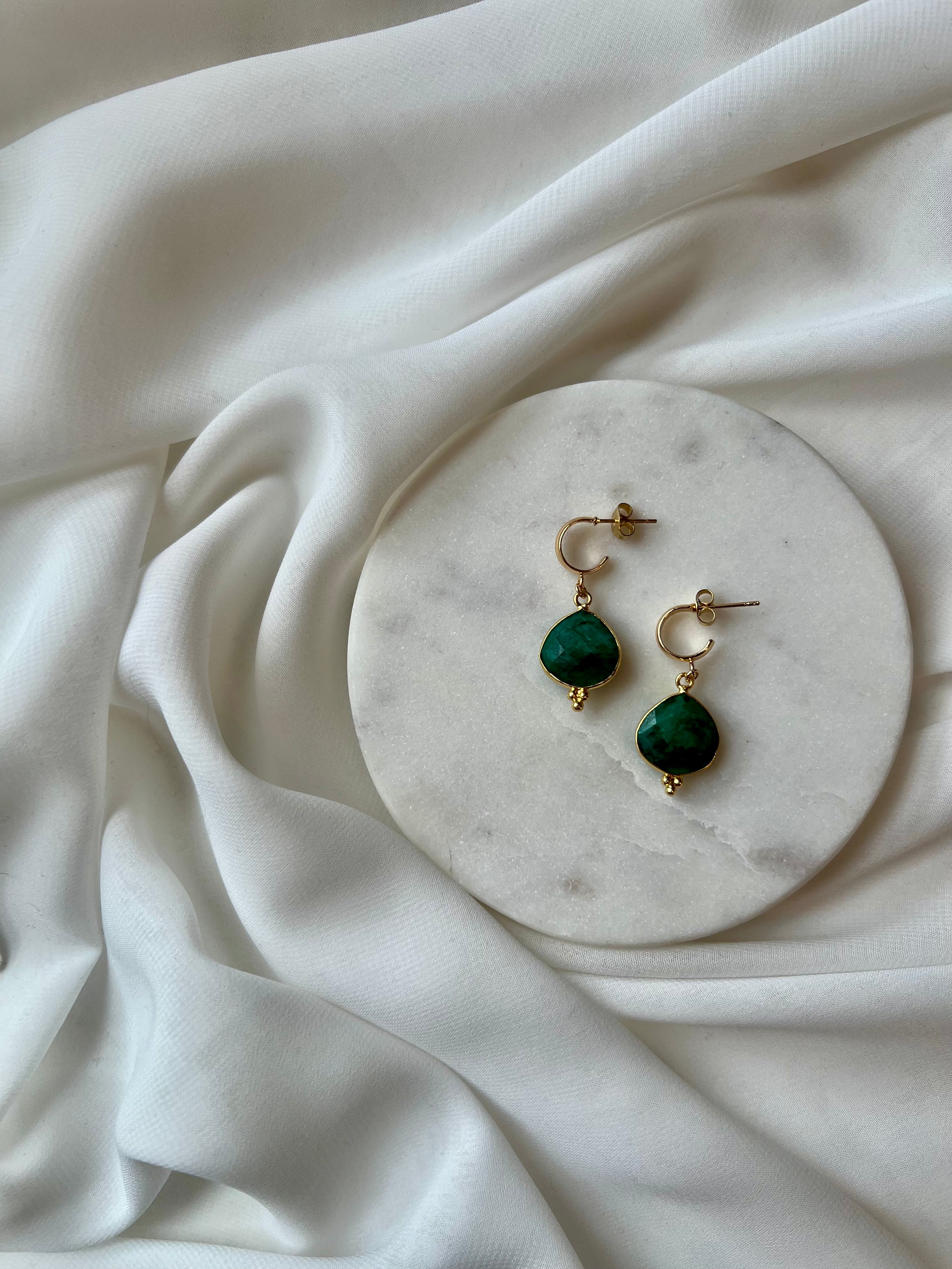 Emerald Earrings with Gold Hoops