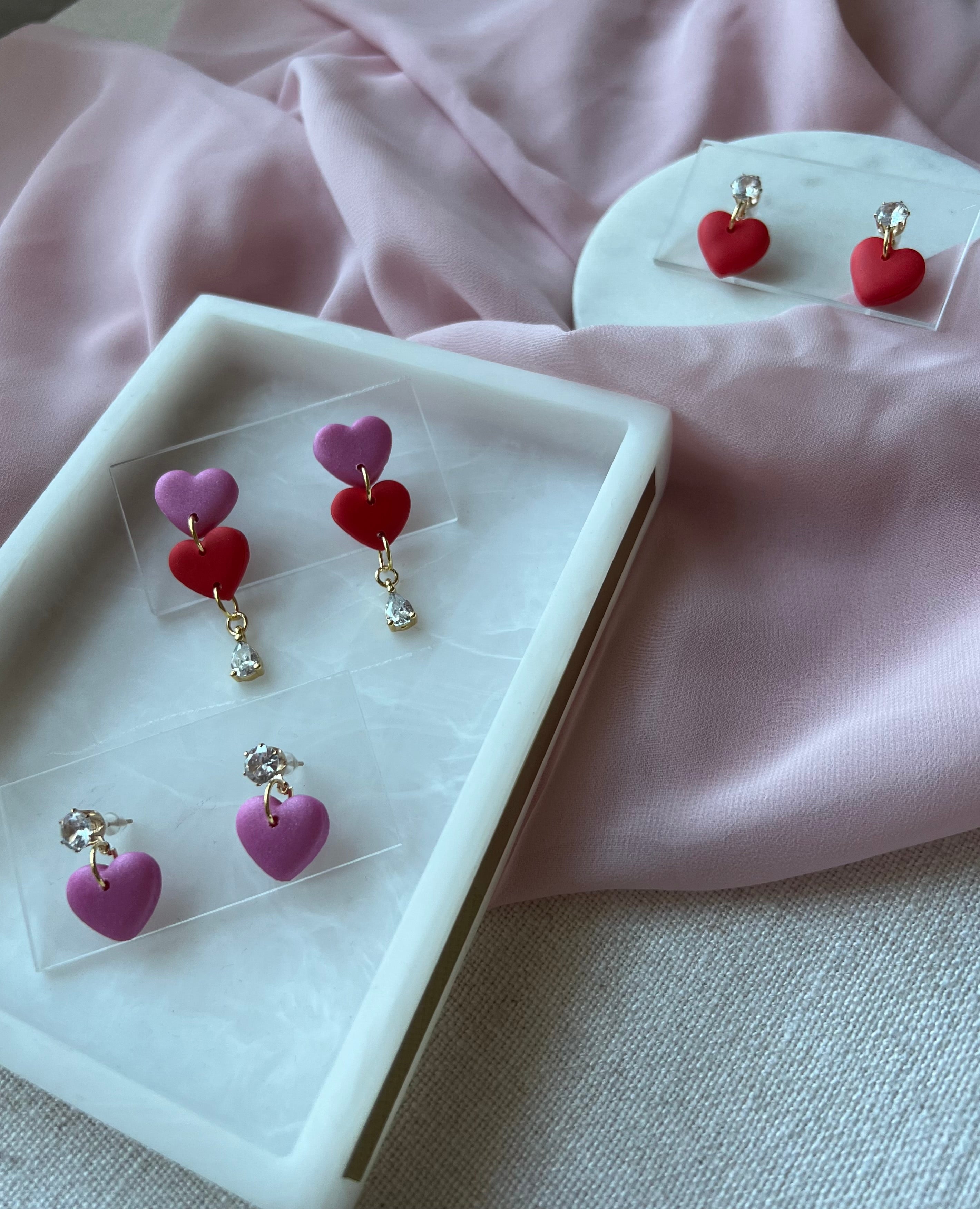 Red & Pink Heart Earrings with Gold Cubic Zirconias