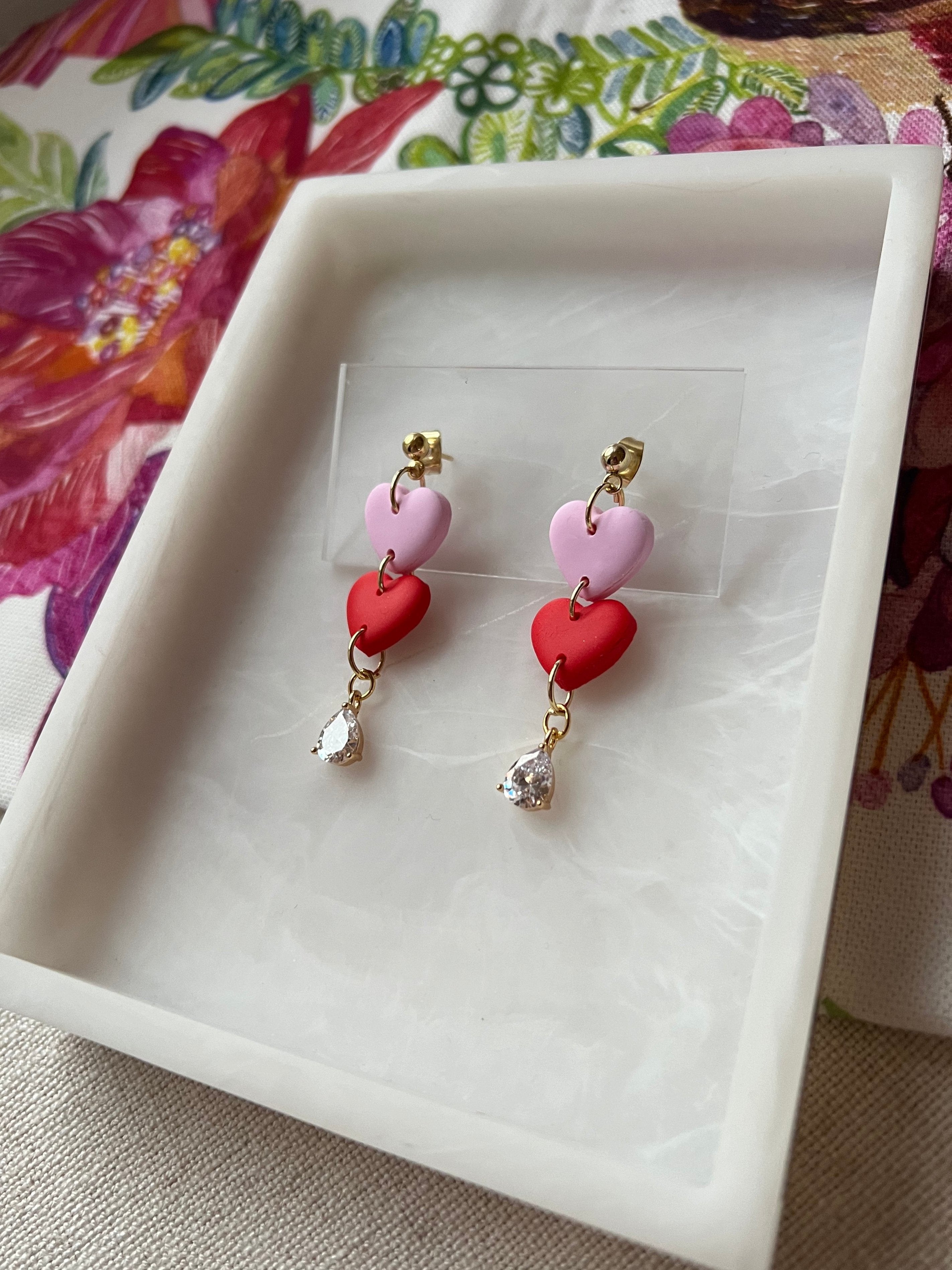 Pink & Red Heart Earrings with Gold Cubic Zirconias