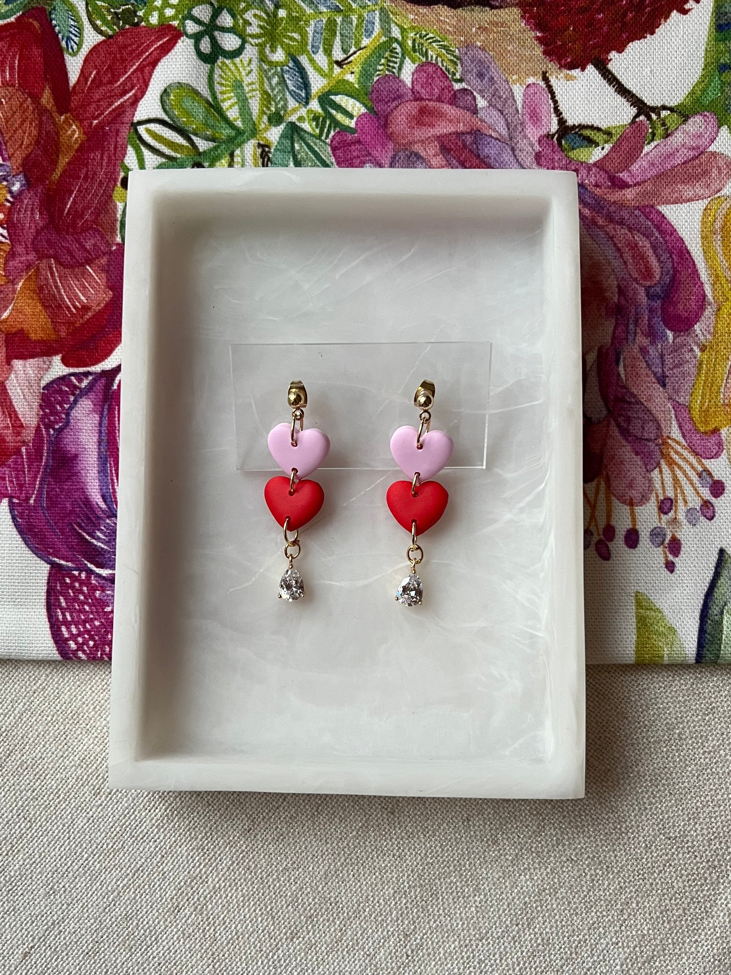 Pink & Red Heart Earrings with Gold Cubic Zirconias