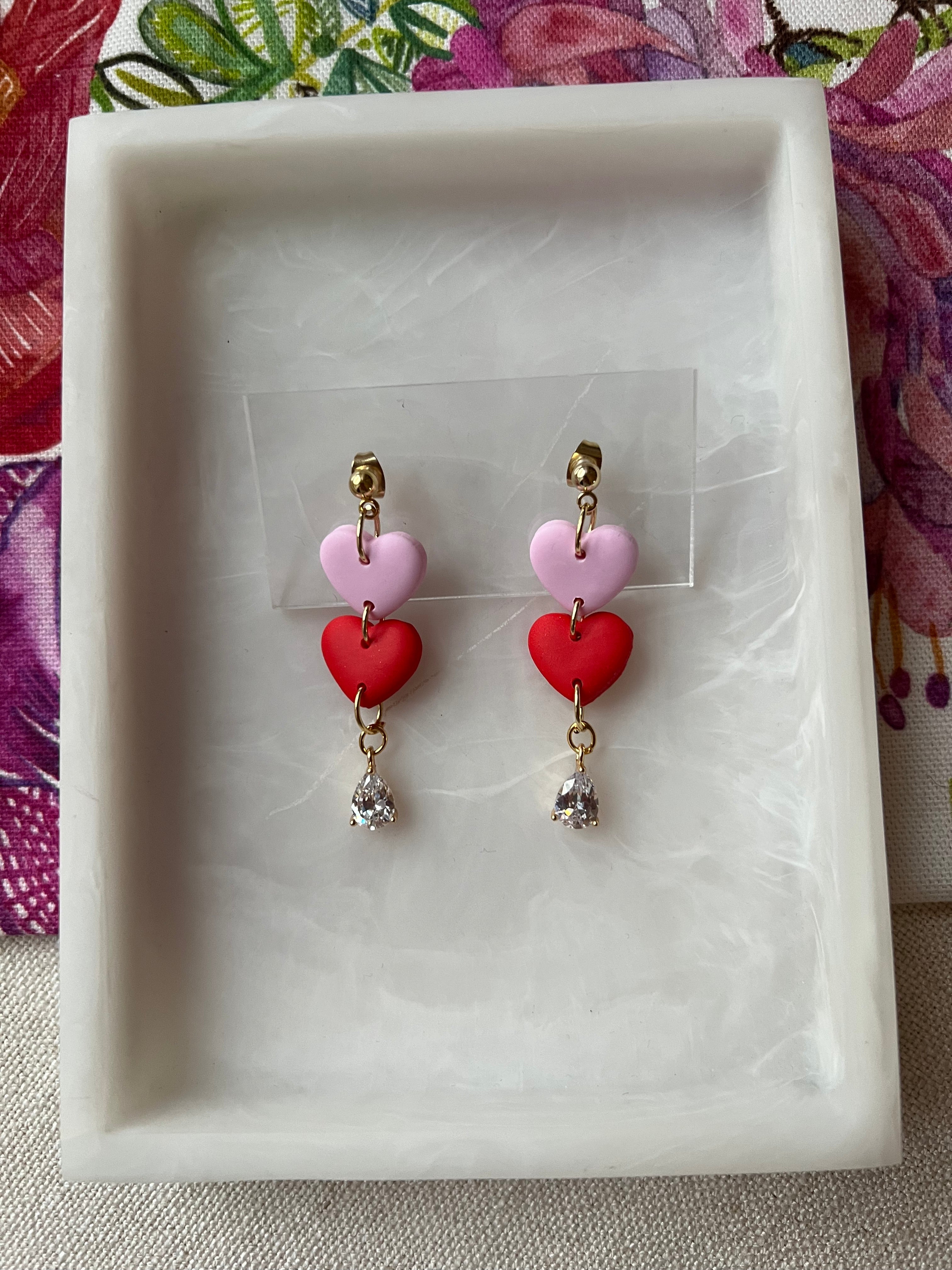 Pink & Red Heart Earrings with Gold Cubic Zirconias