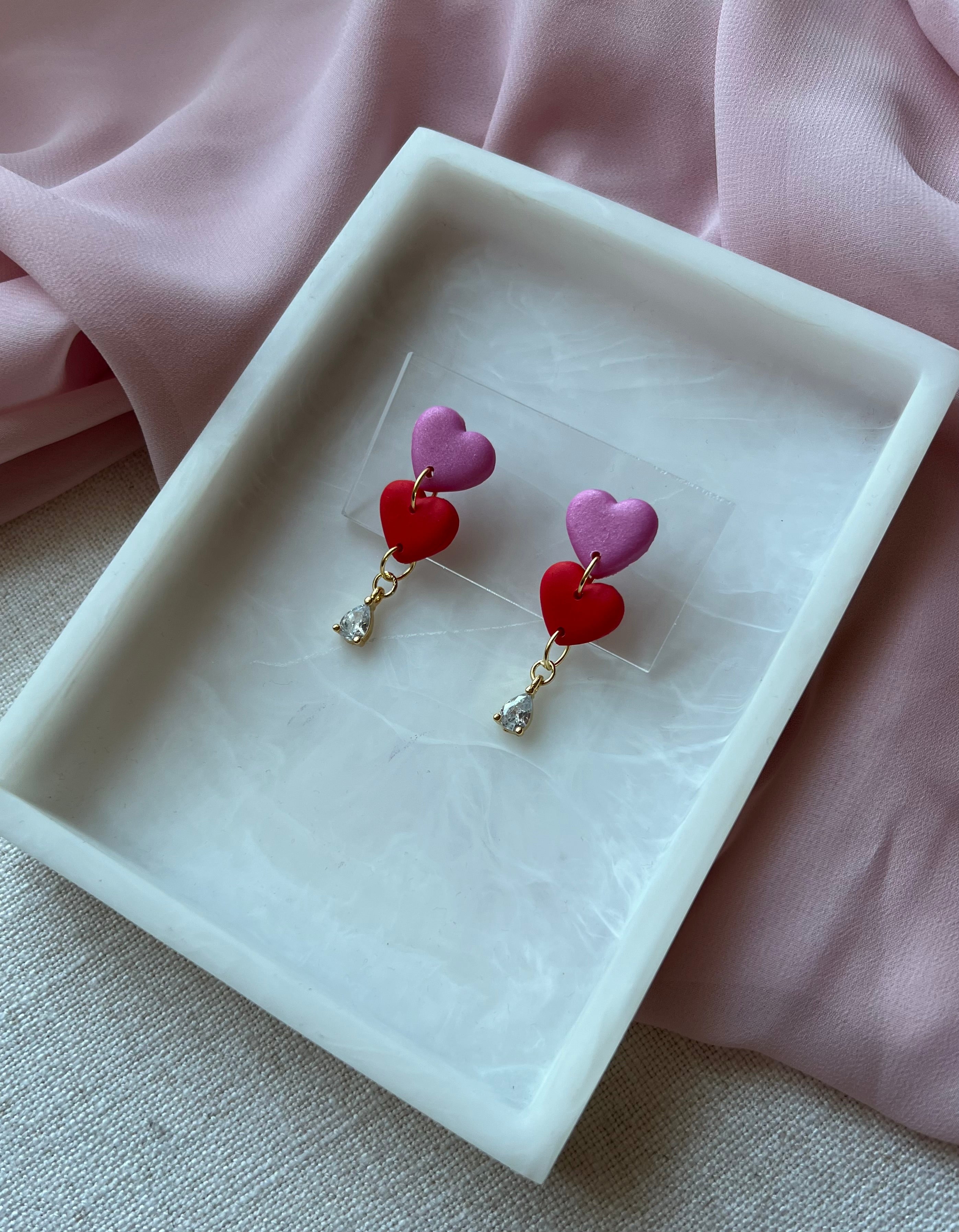 Red & Pink Heart Earrings with Gold Cubic Zirconias