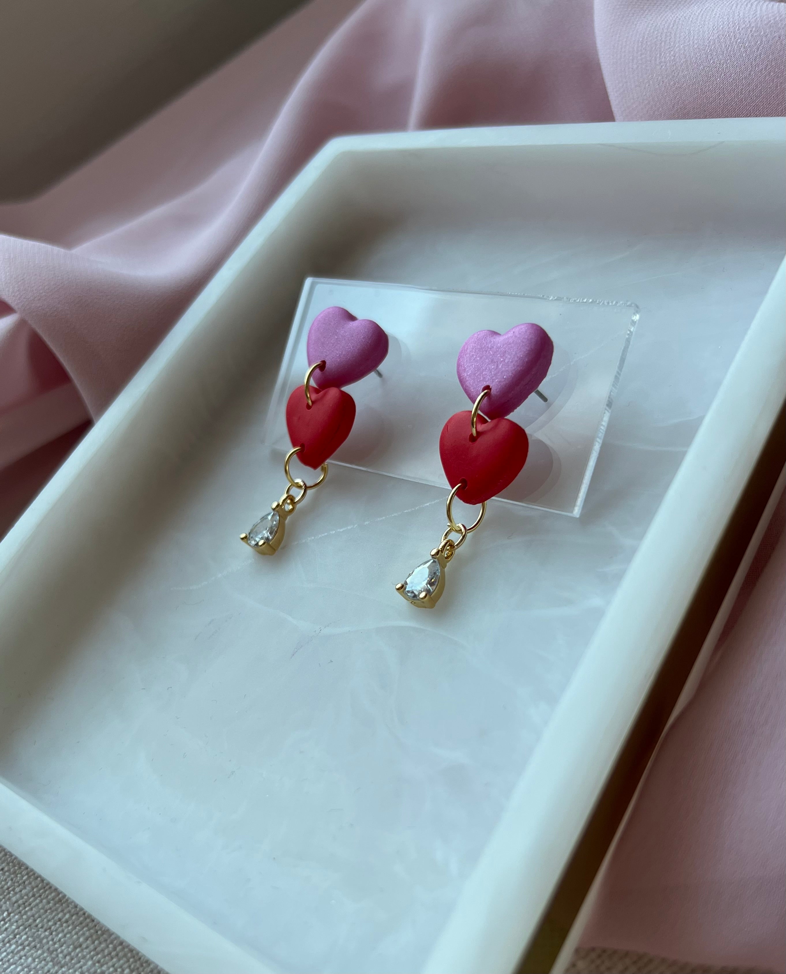 Red & Pink Heart Earrings with Gold Cubic Zirconias
