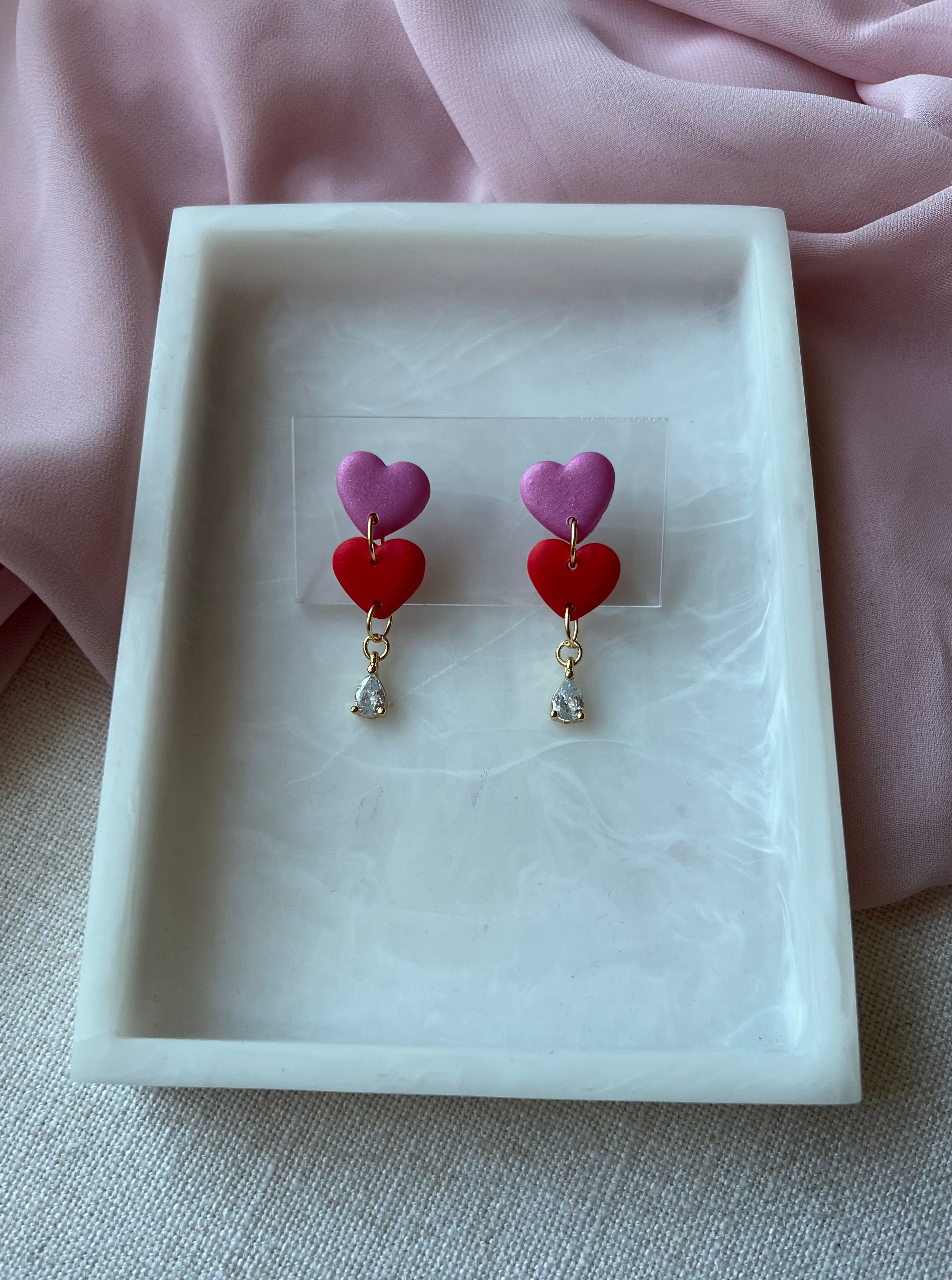 Red & Pink Heart Earrings with Gold Cubic Zirconias