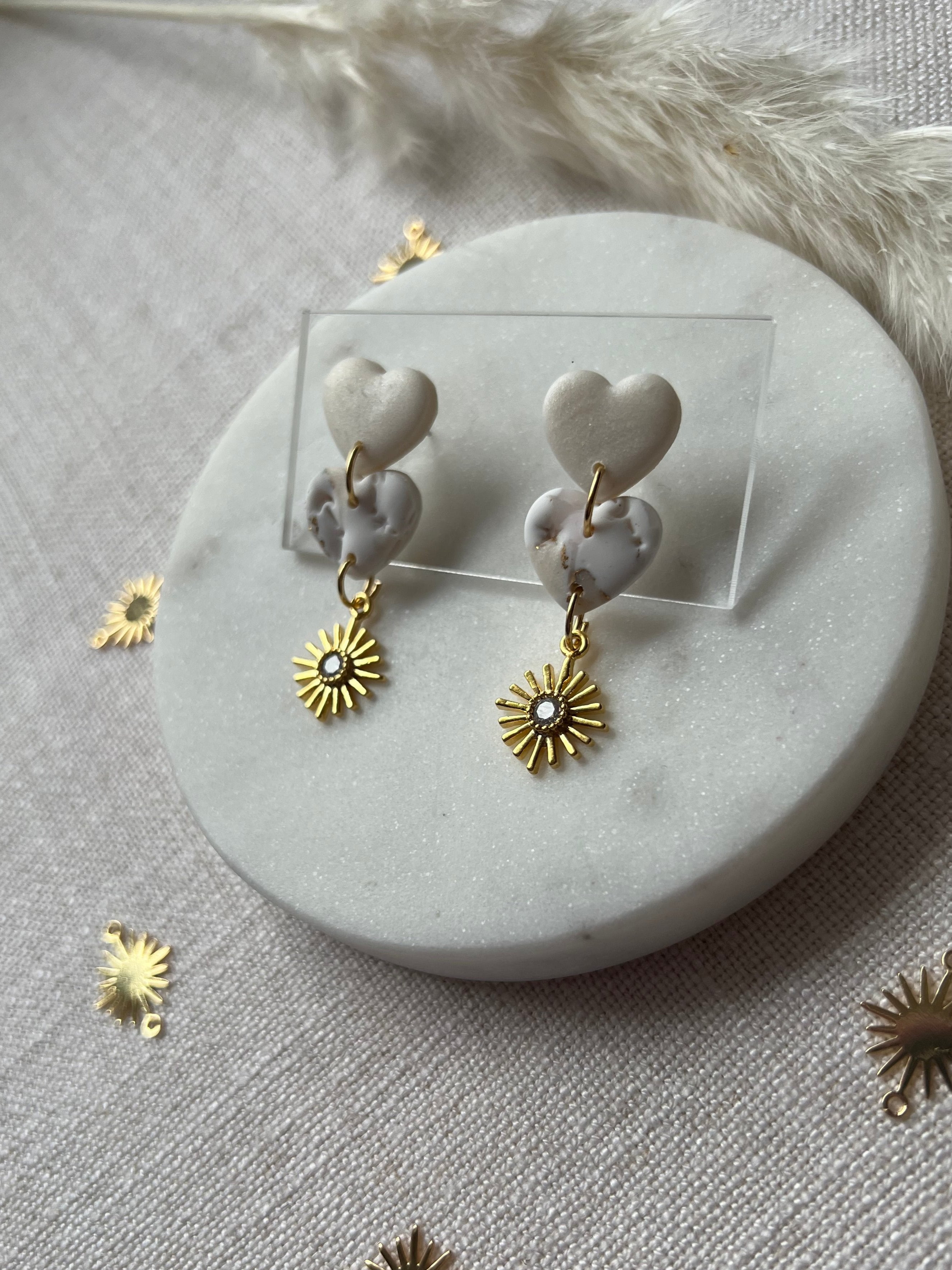 Marbled Hearts & Gold Sunburst Earrings