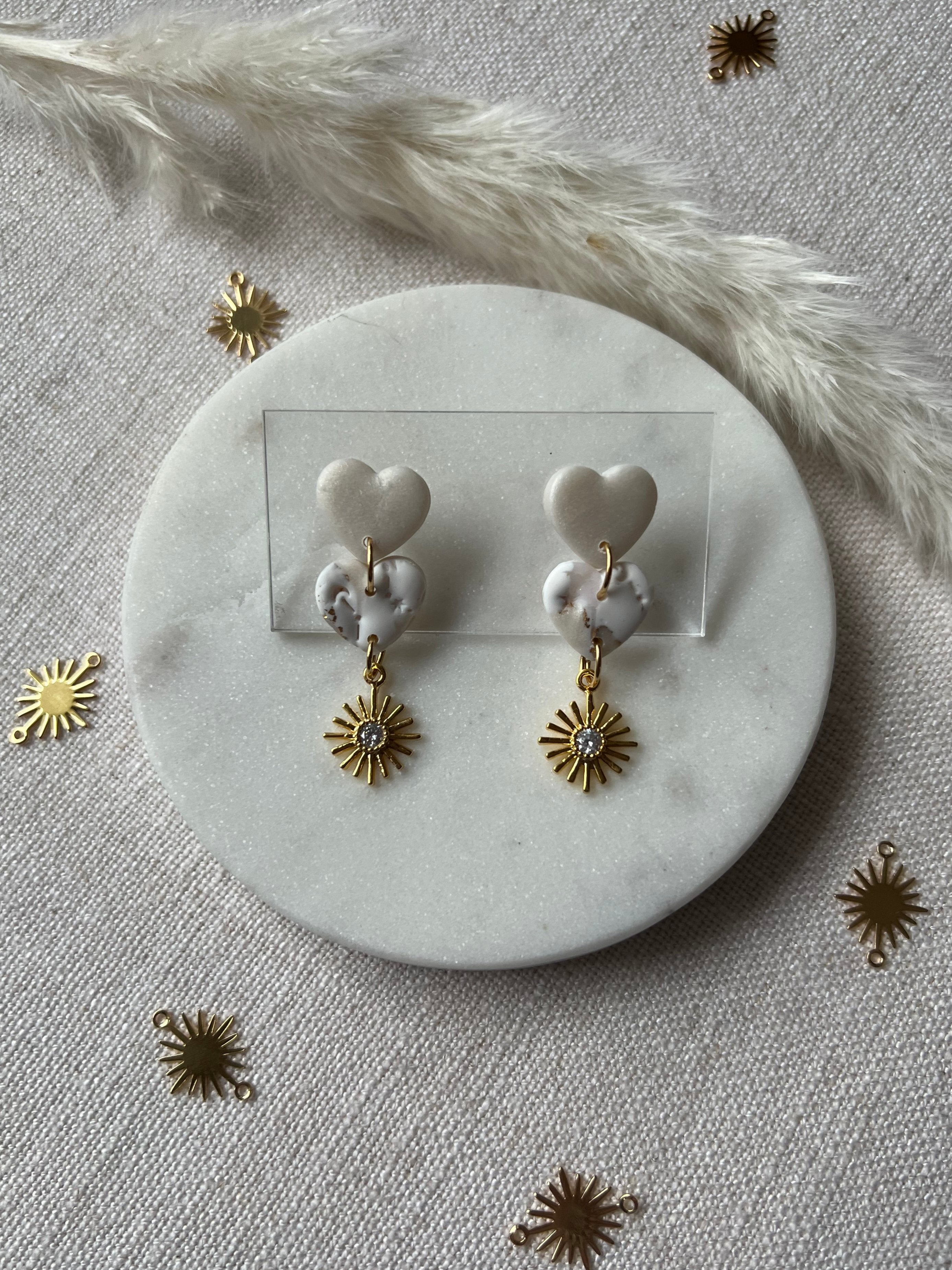 Marbled Hearts & Gold Sunburst Earrings