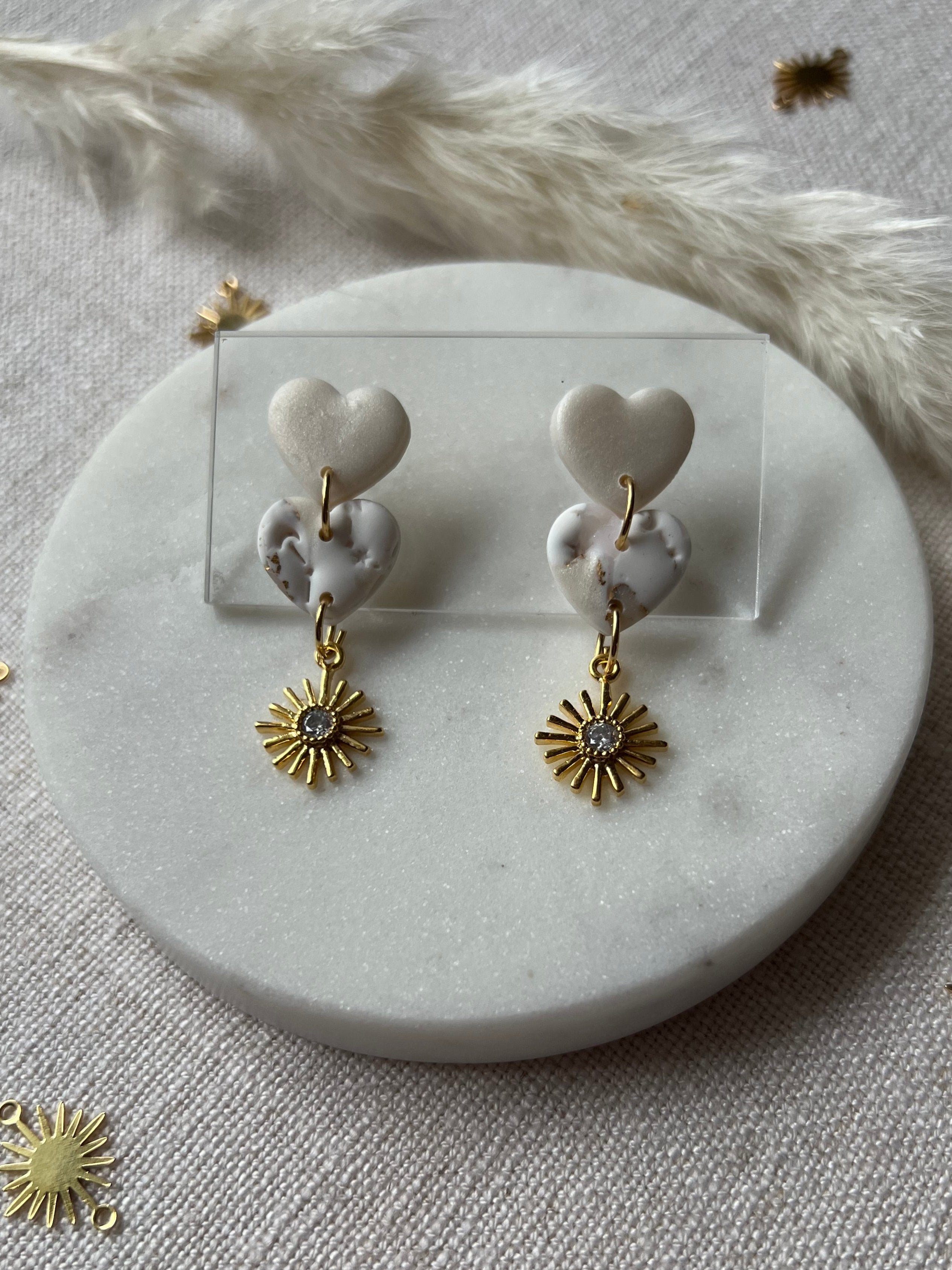 Marbled Hearts & Gold Sunburst Earrings