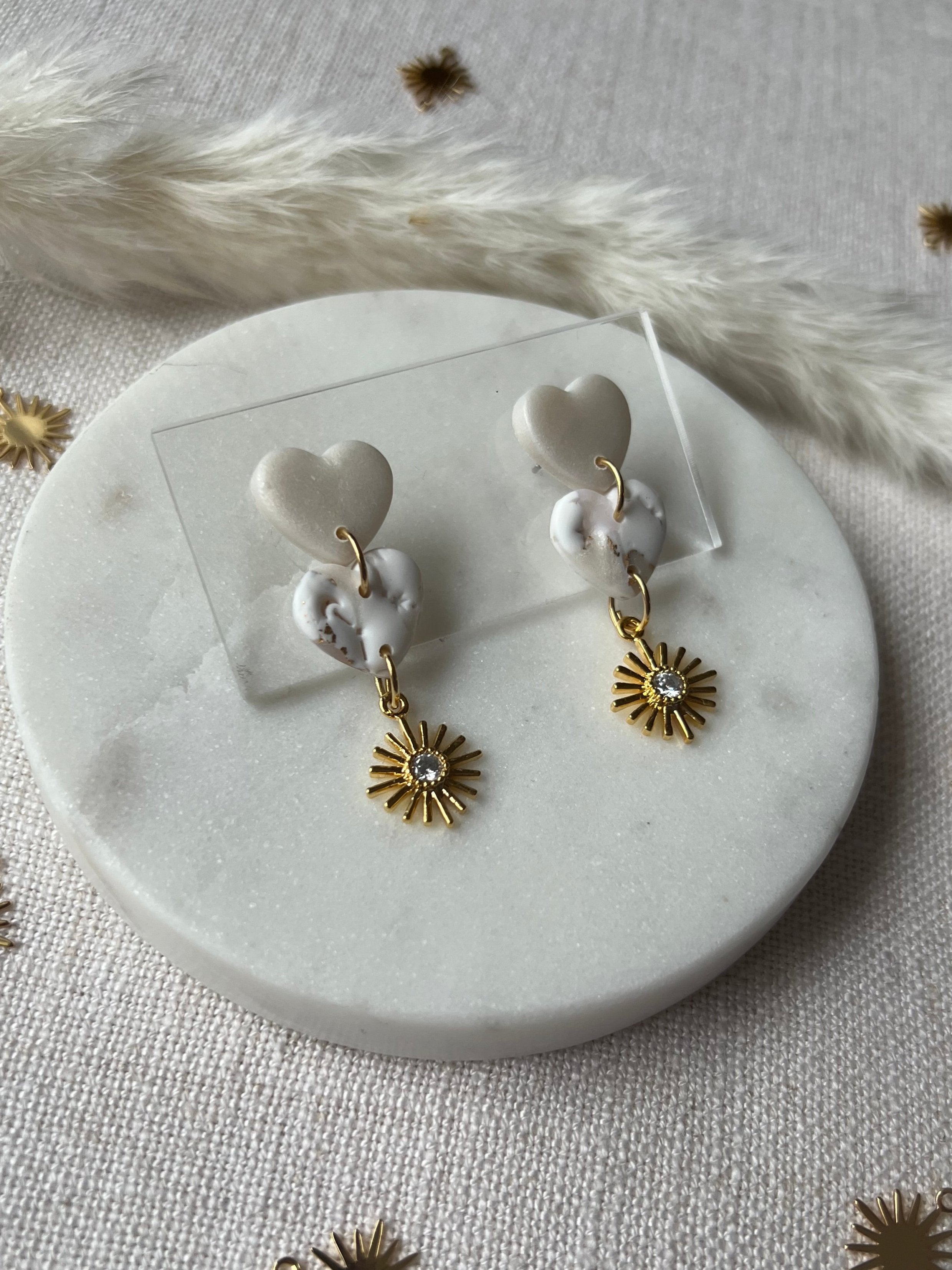 Marbled Hearts & Gold Sunburst Earrings
