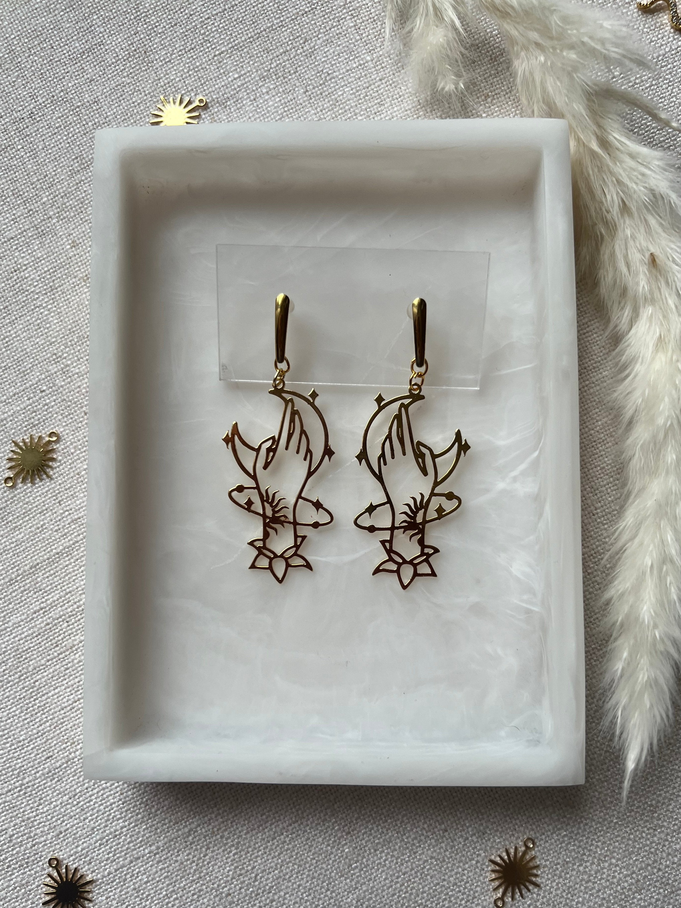 Gold Plated Celestial Hand & Moon Earrings