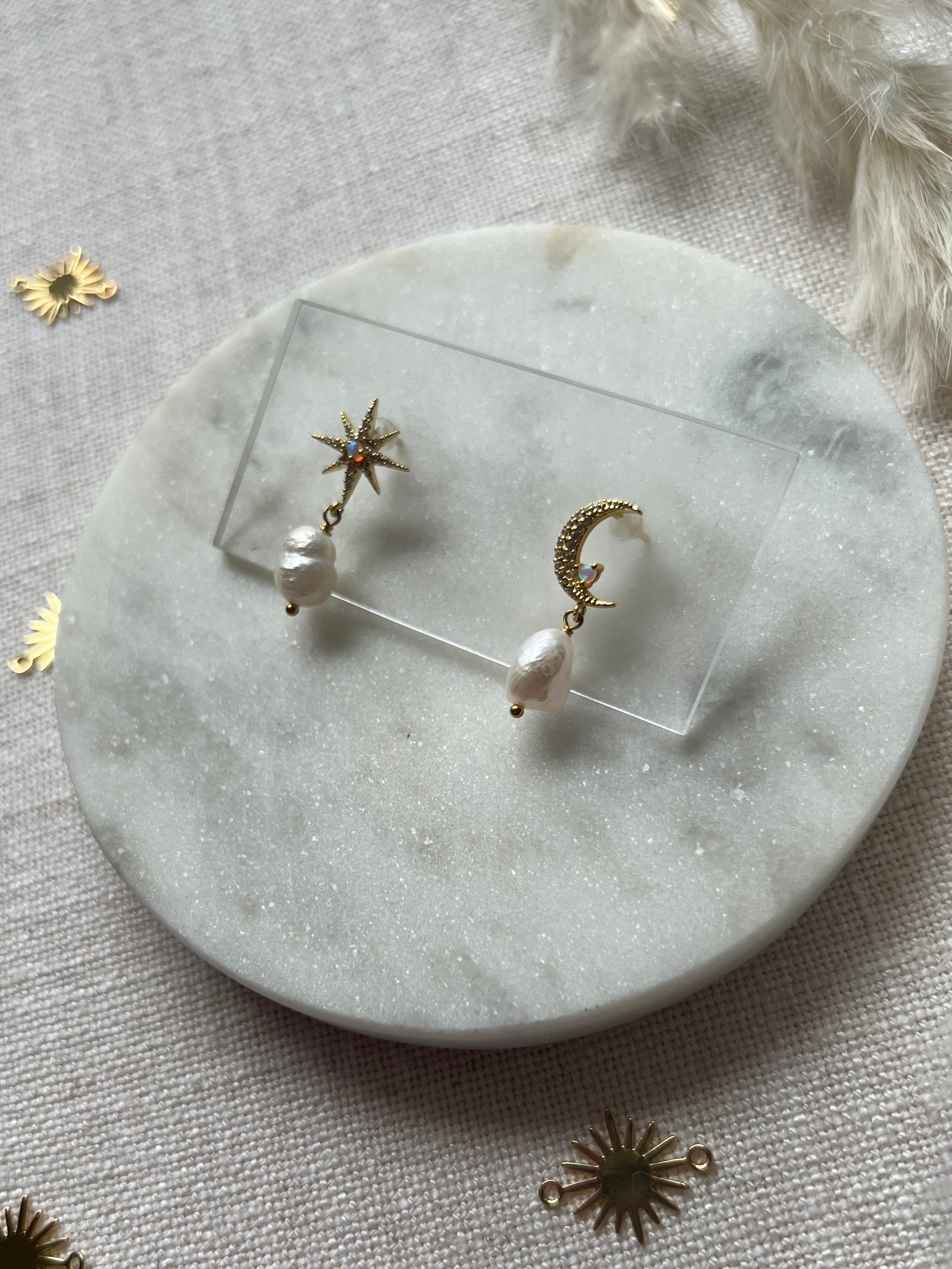 Moon and Stars Earrings with Pearls