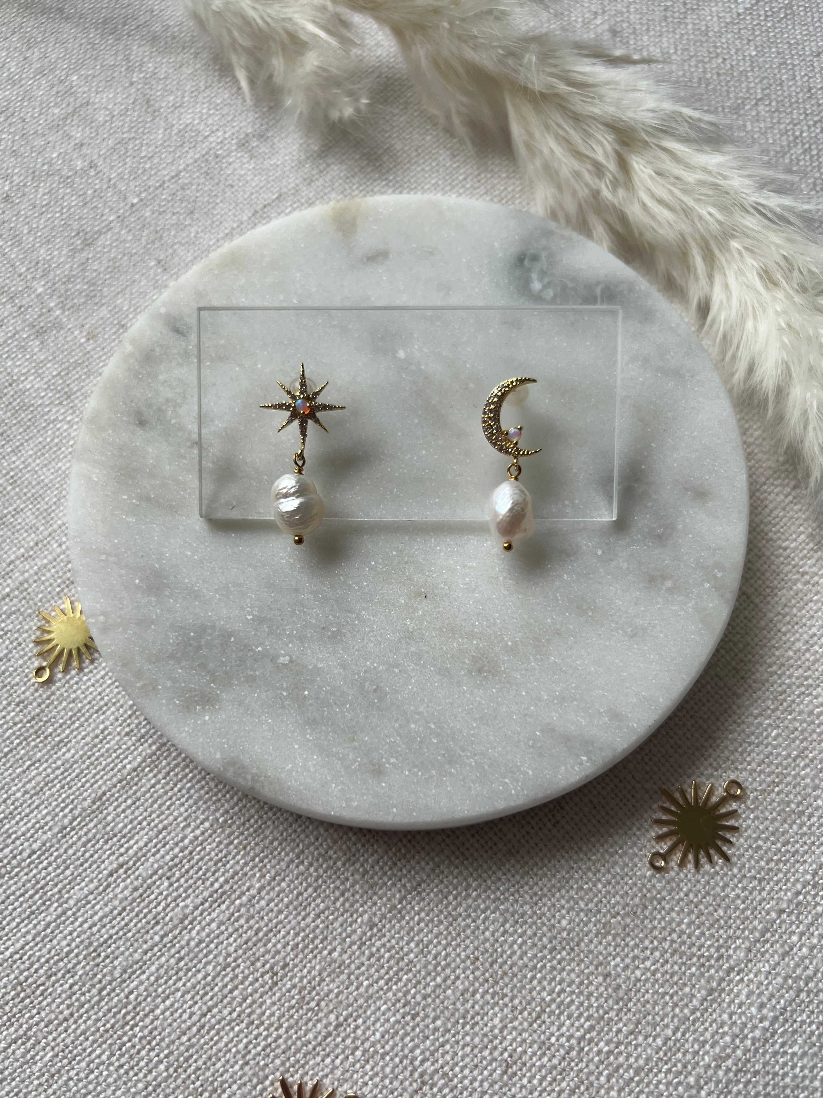 Moon and Stars Earrings with Pearls
