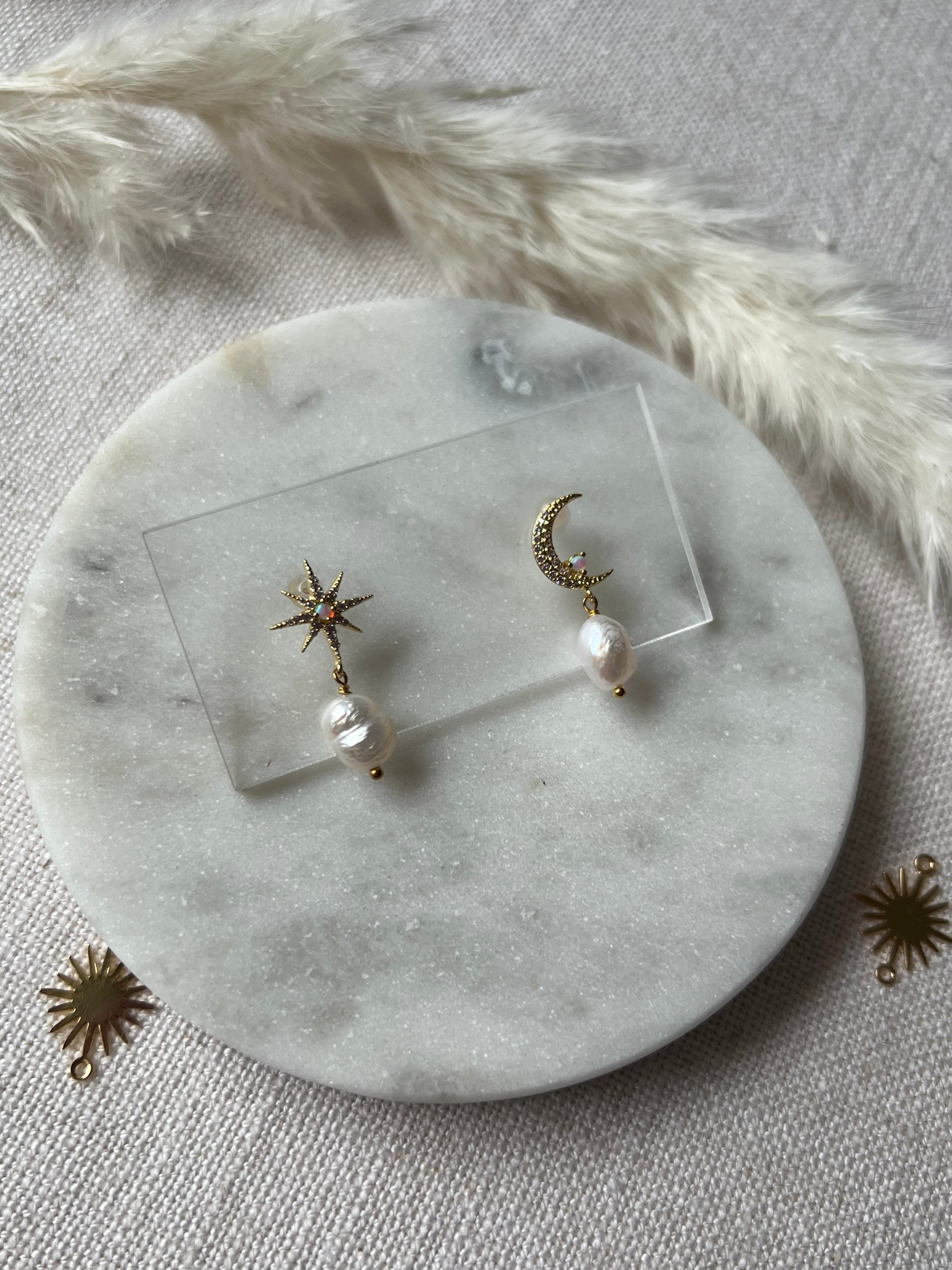 Moon and Stars Earrings with Pearls