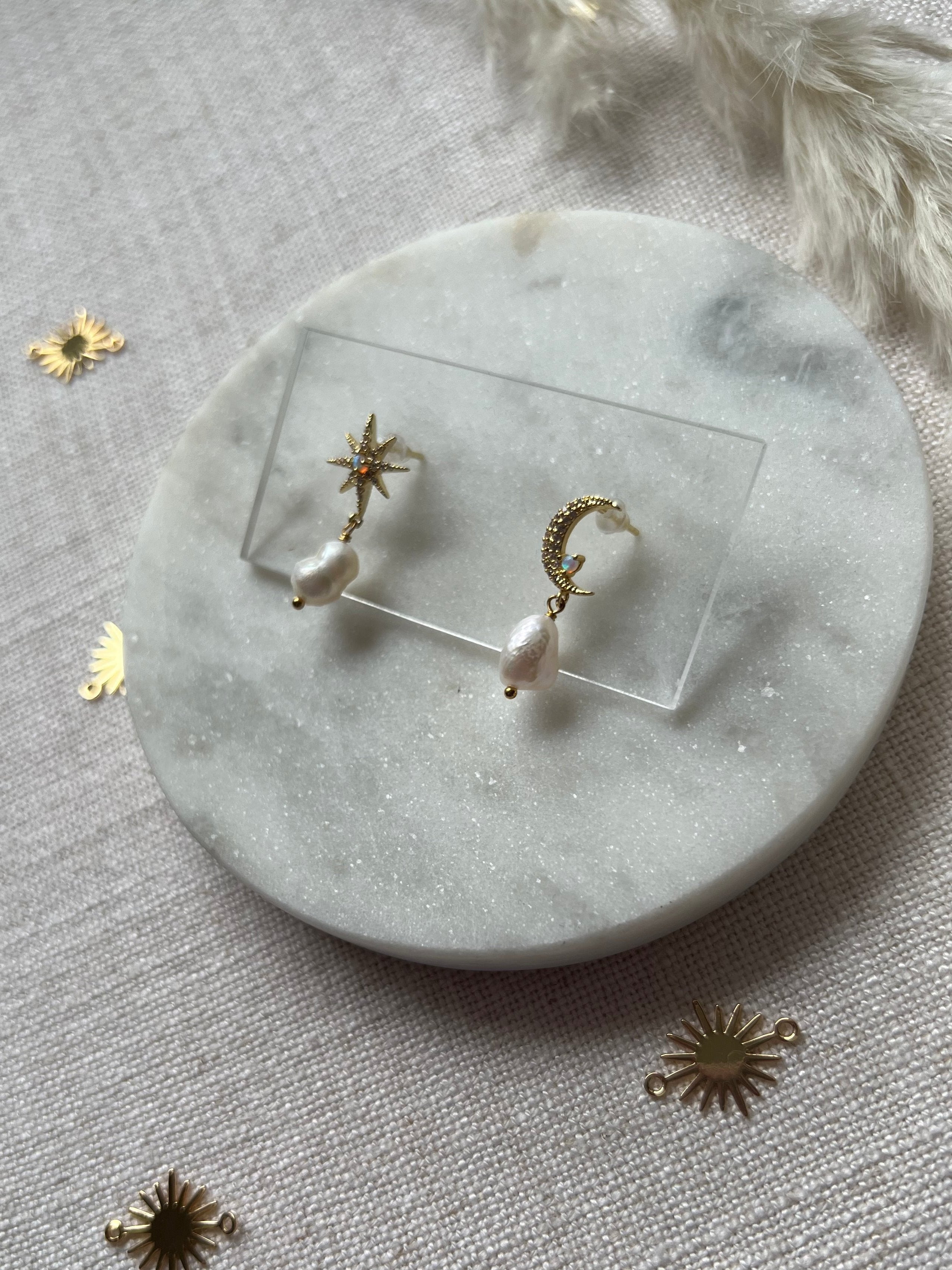 Moon and Stars Earrings with Pearls