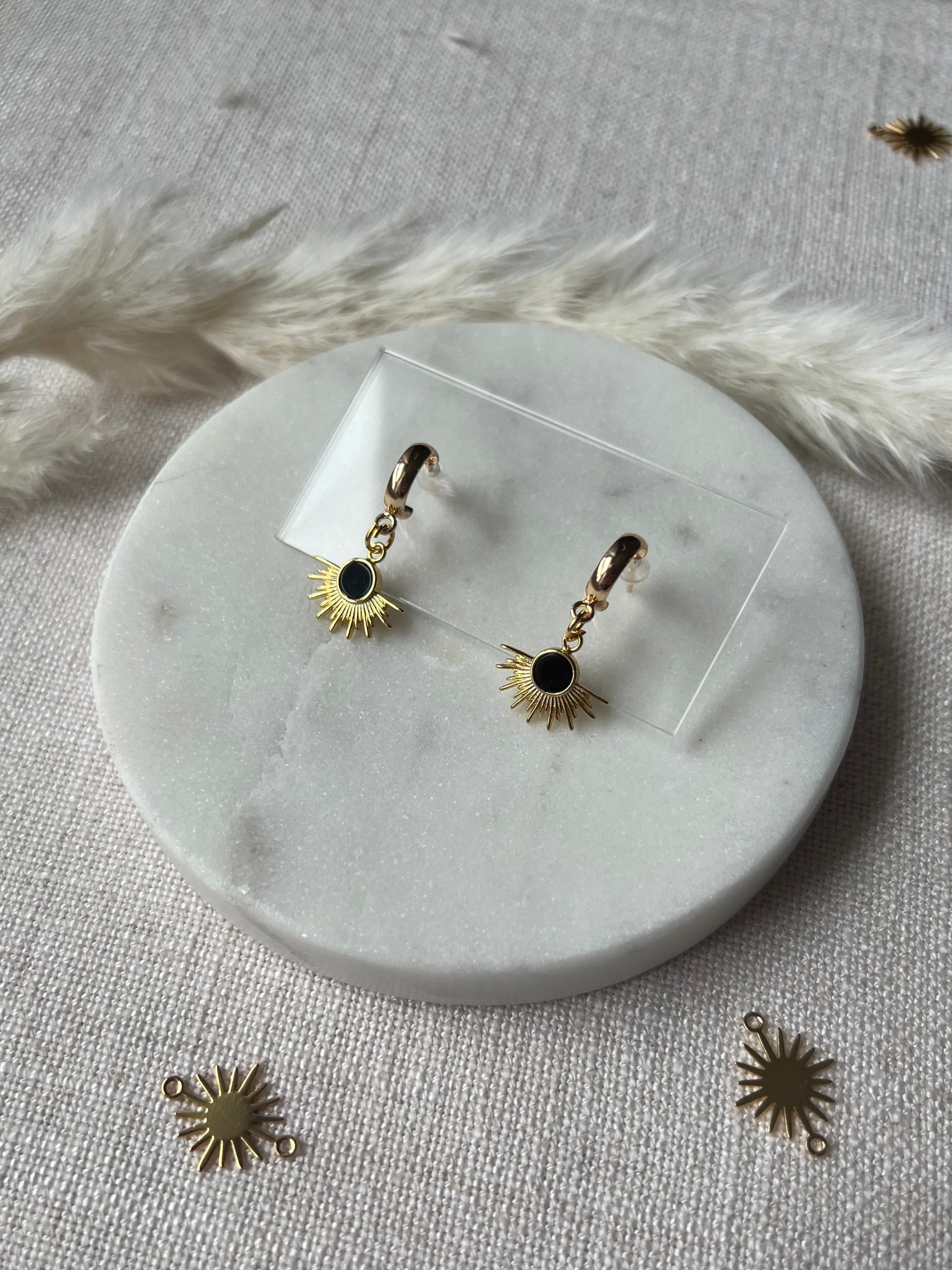 Onyx Sunburst on Small Hoop Earrings