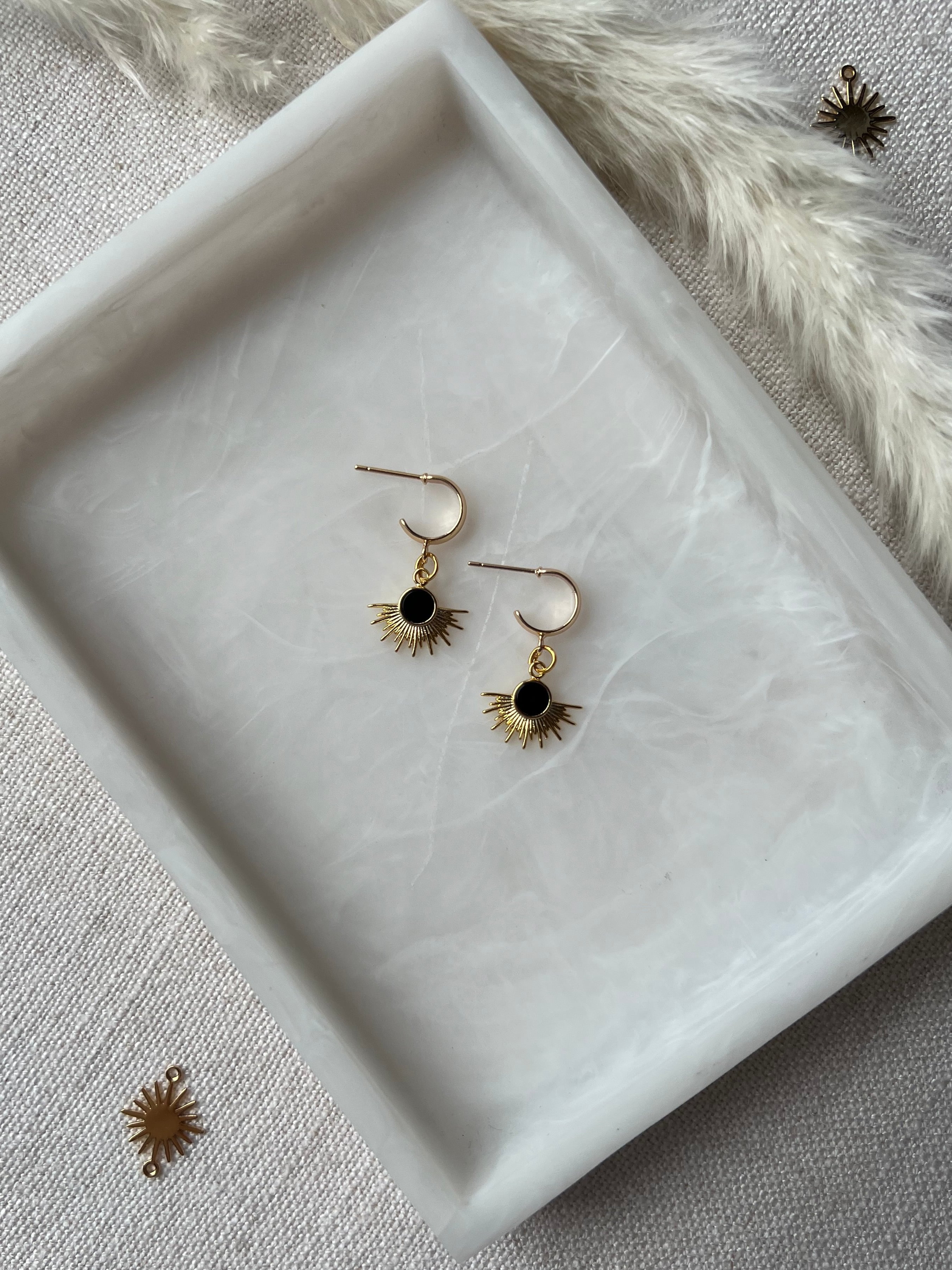 Onyx Sunburst on Small Hoop Earrings