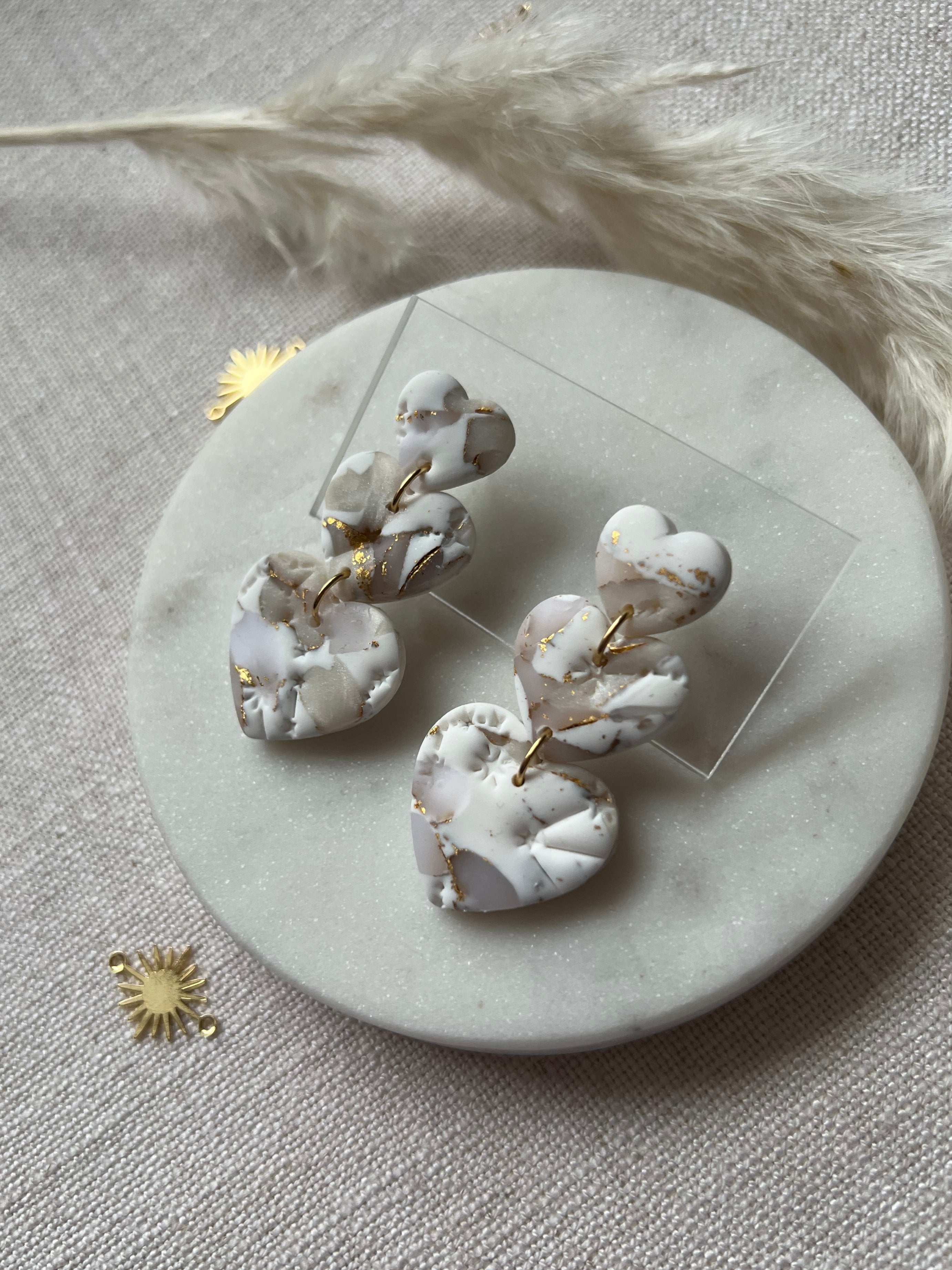 Three Marbled Hearts Earrings