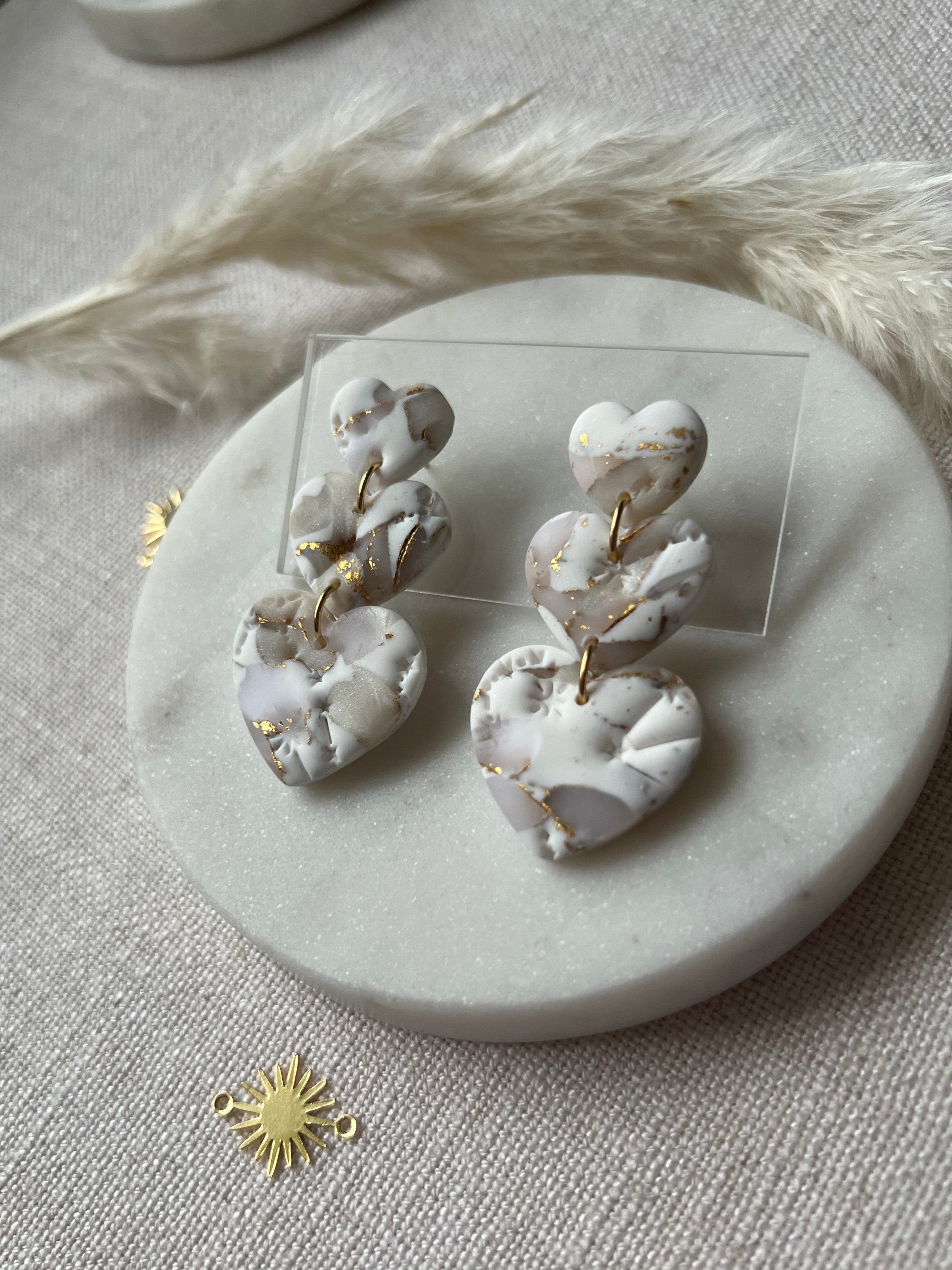 Three Marbled Hearts Earrings