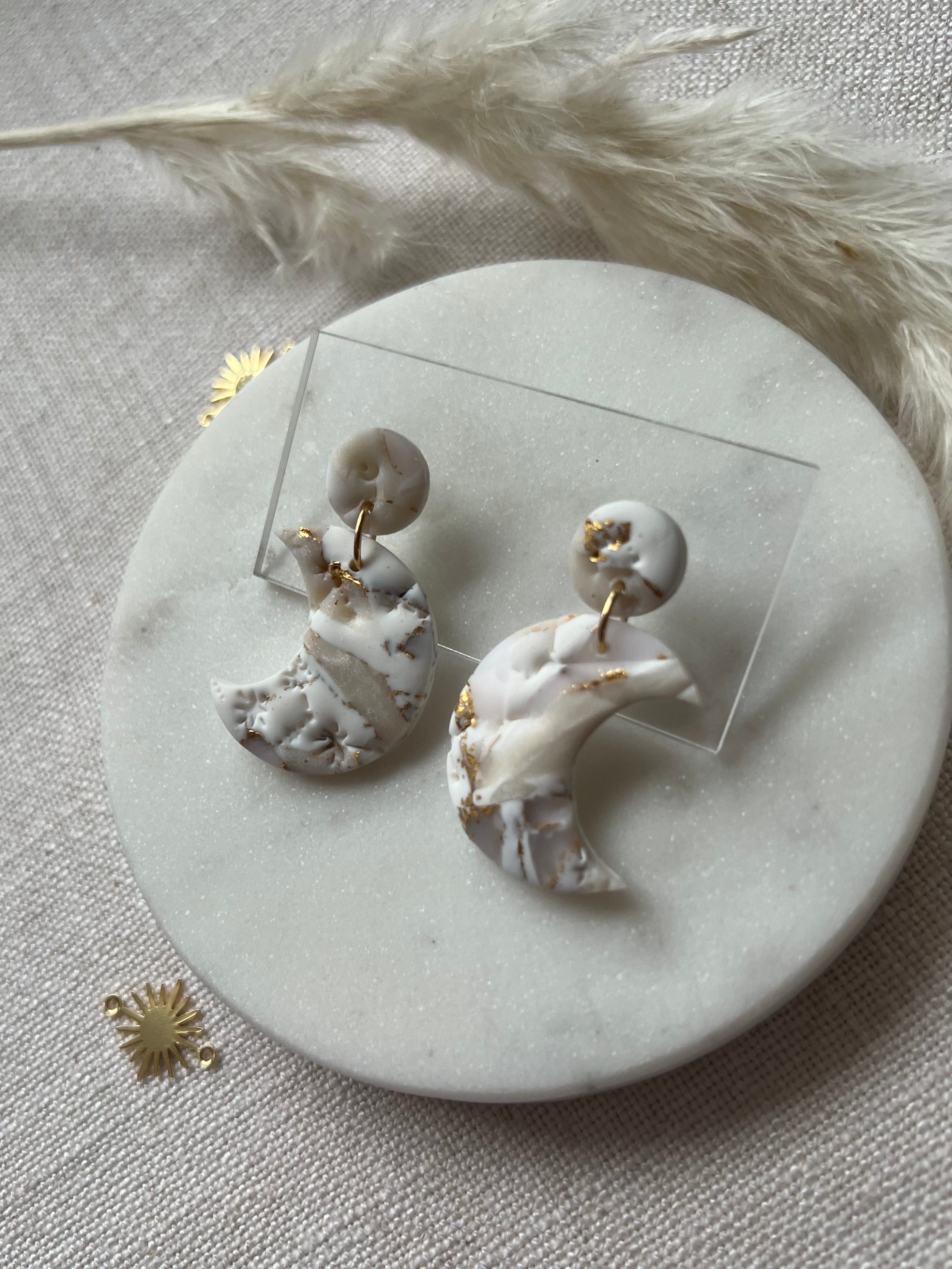 Large Celestial Marbled Moon Earrings