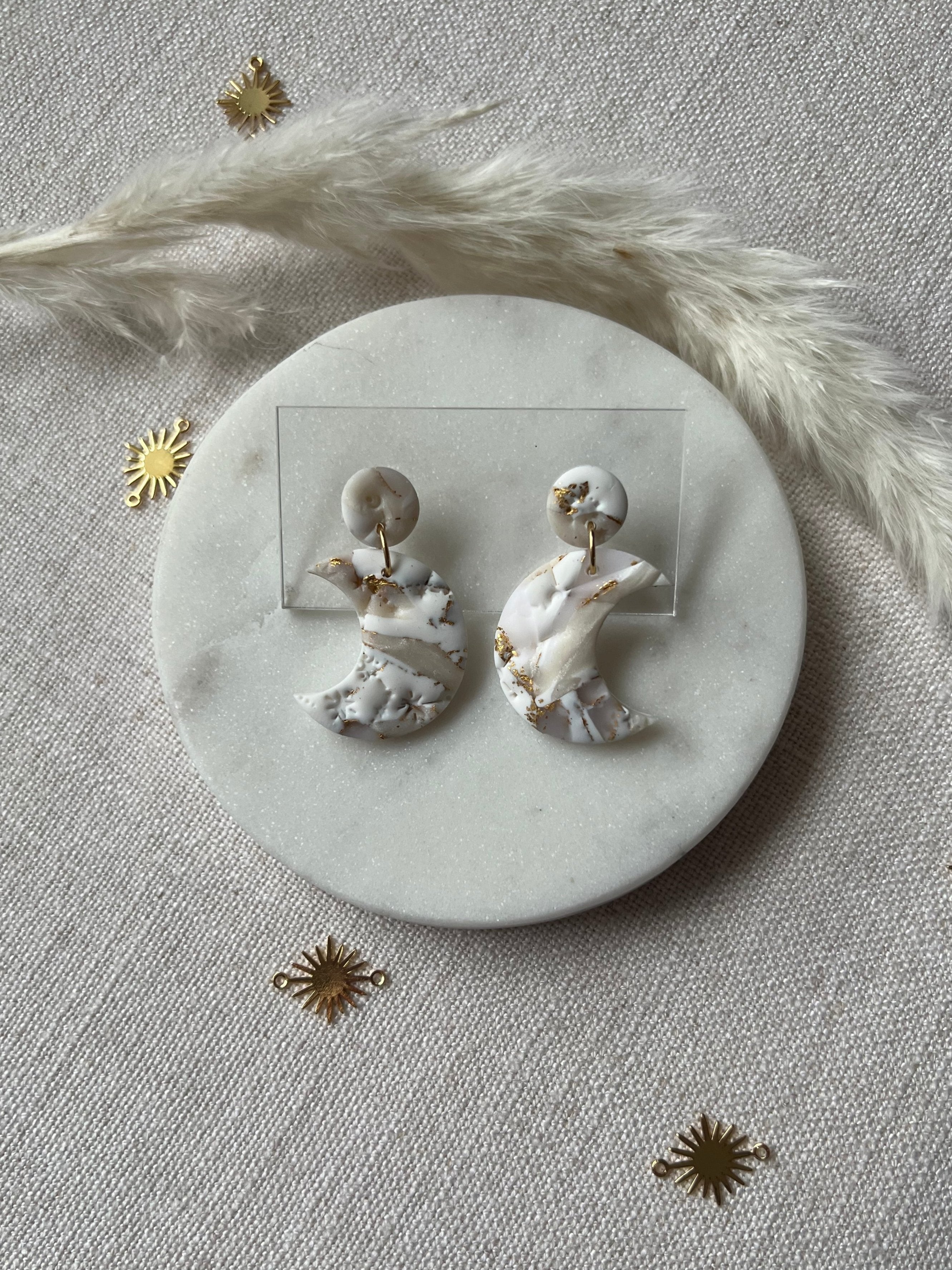 Large Celestial Marbled Moon Earrings