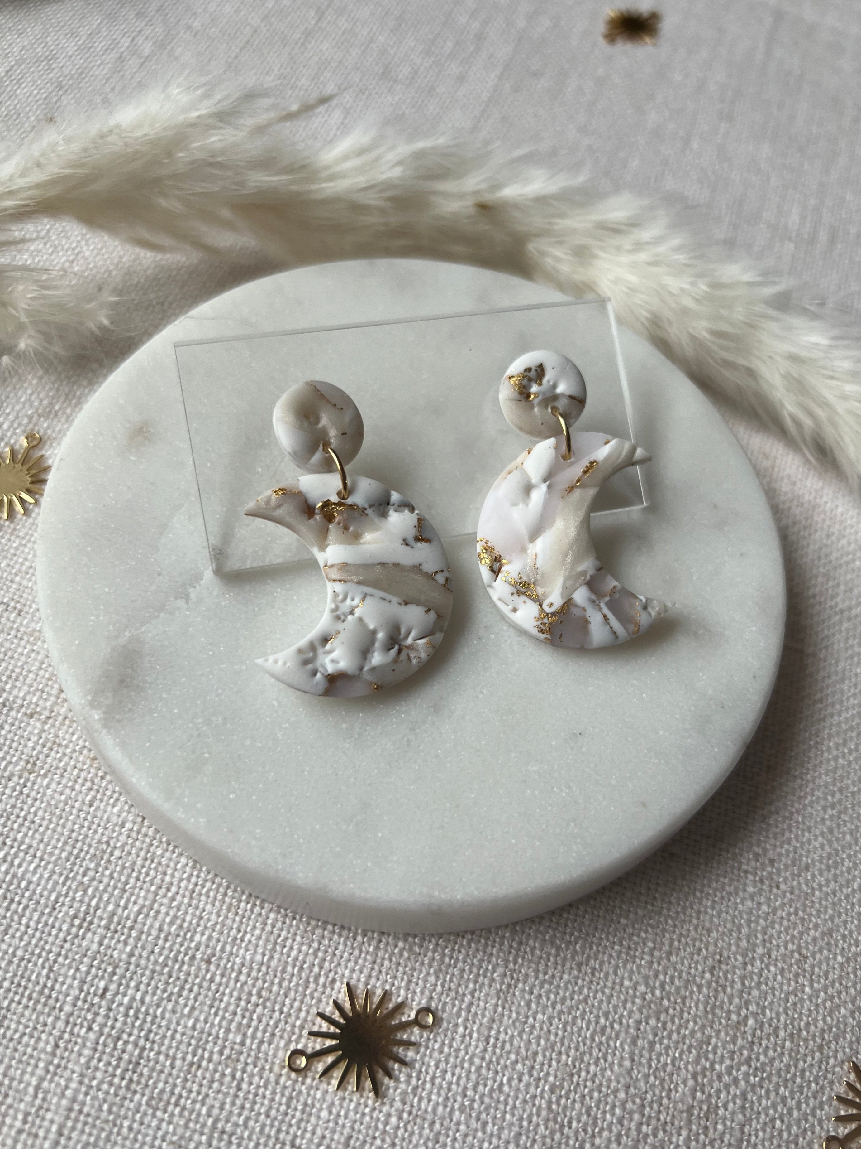 Large Celestial Marbled Moon Earrings