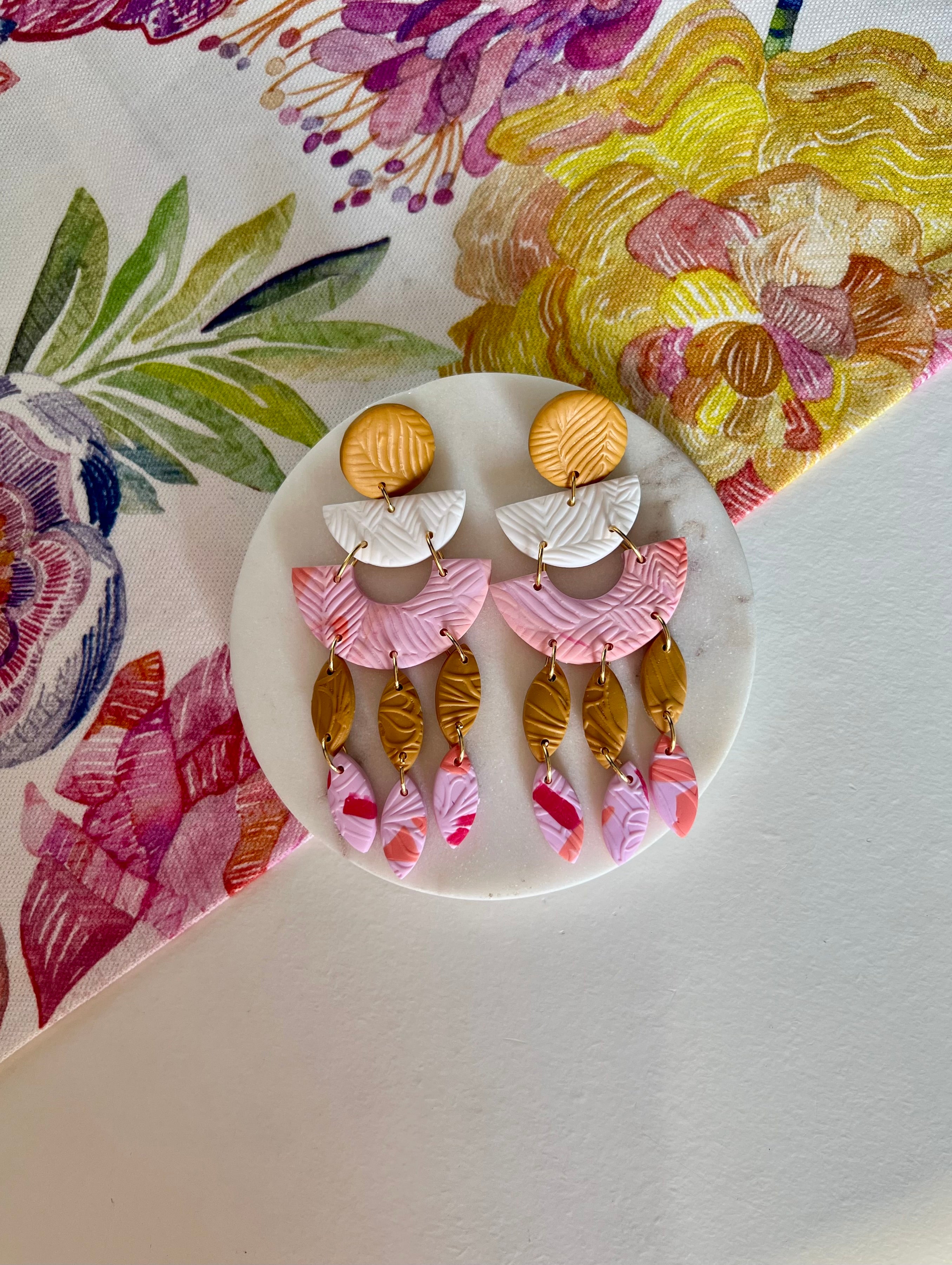 Ochre, Pink & White Statement Earrings