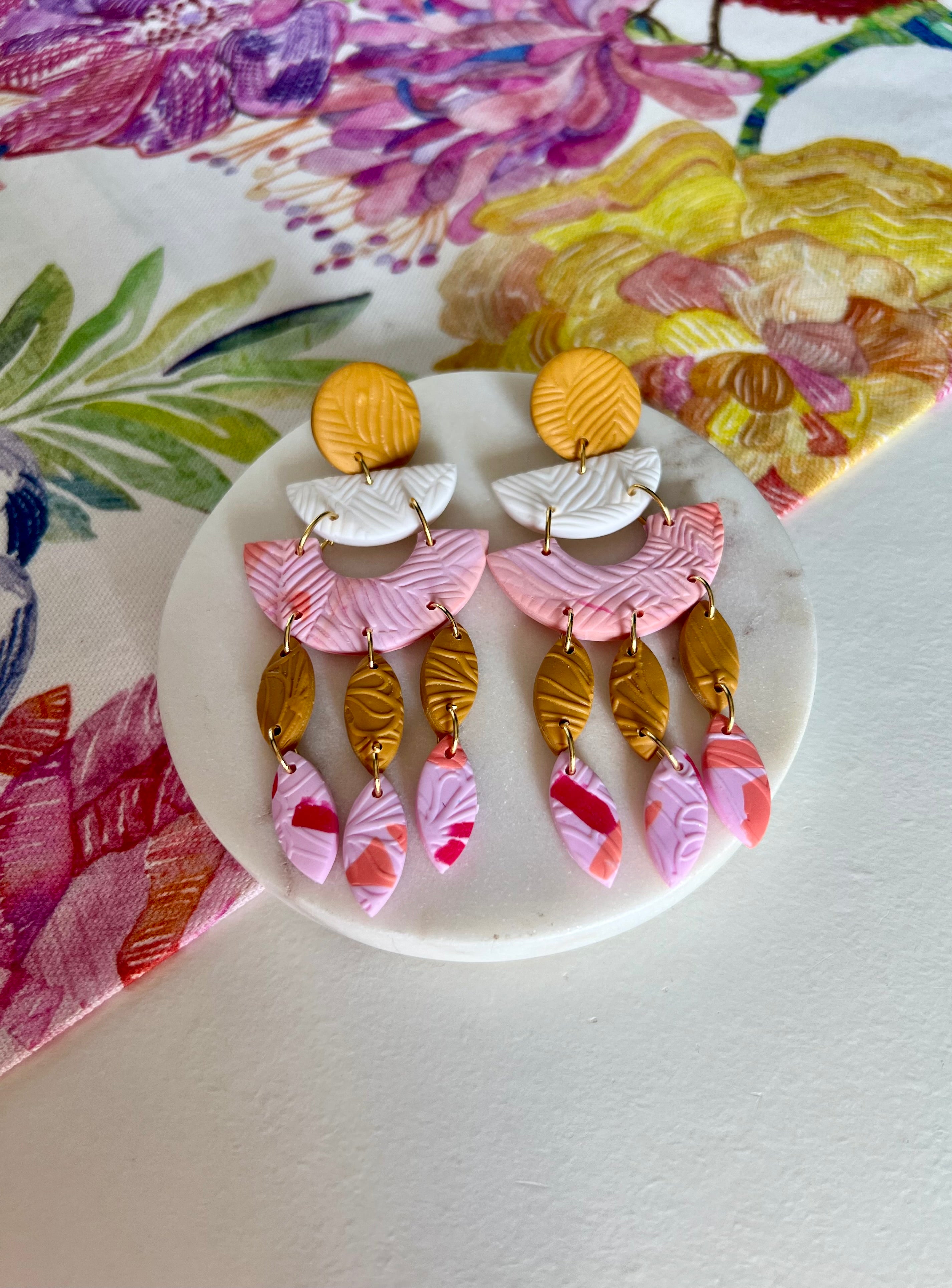 Ochre, Pink & White Statement Earrings