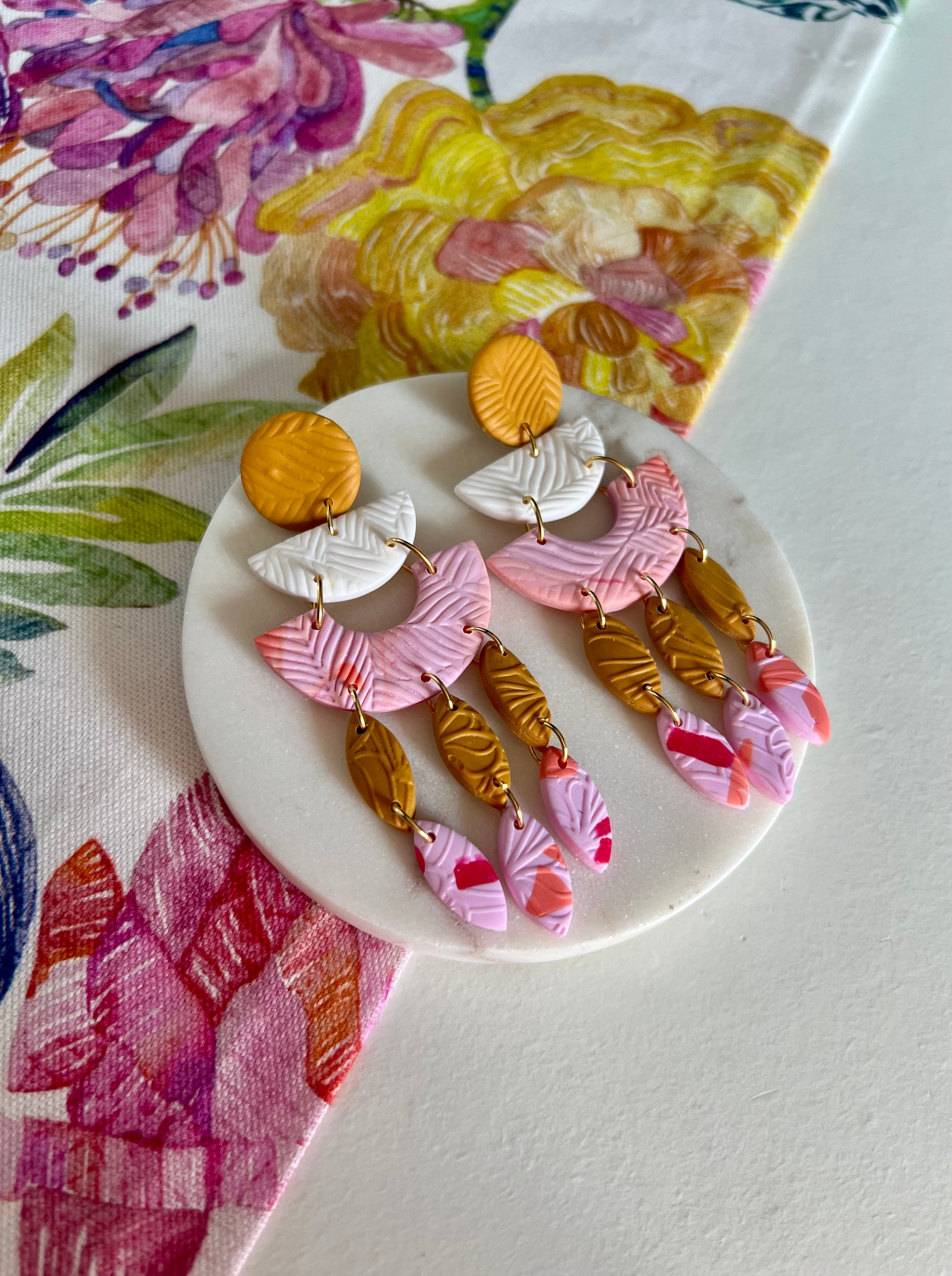 Ochre, Pink & White Statement Earrings