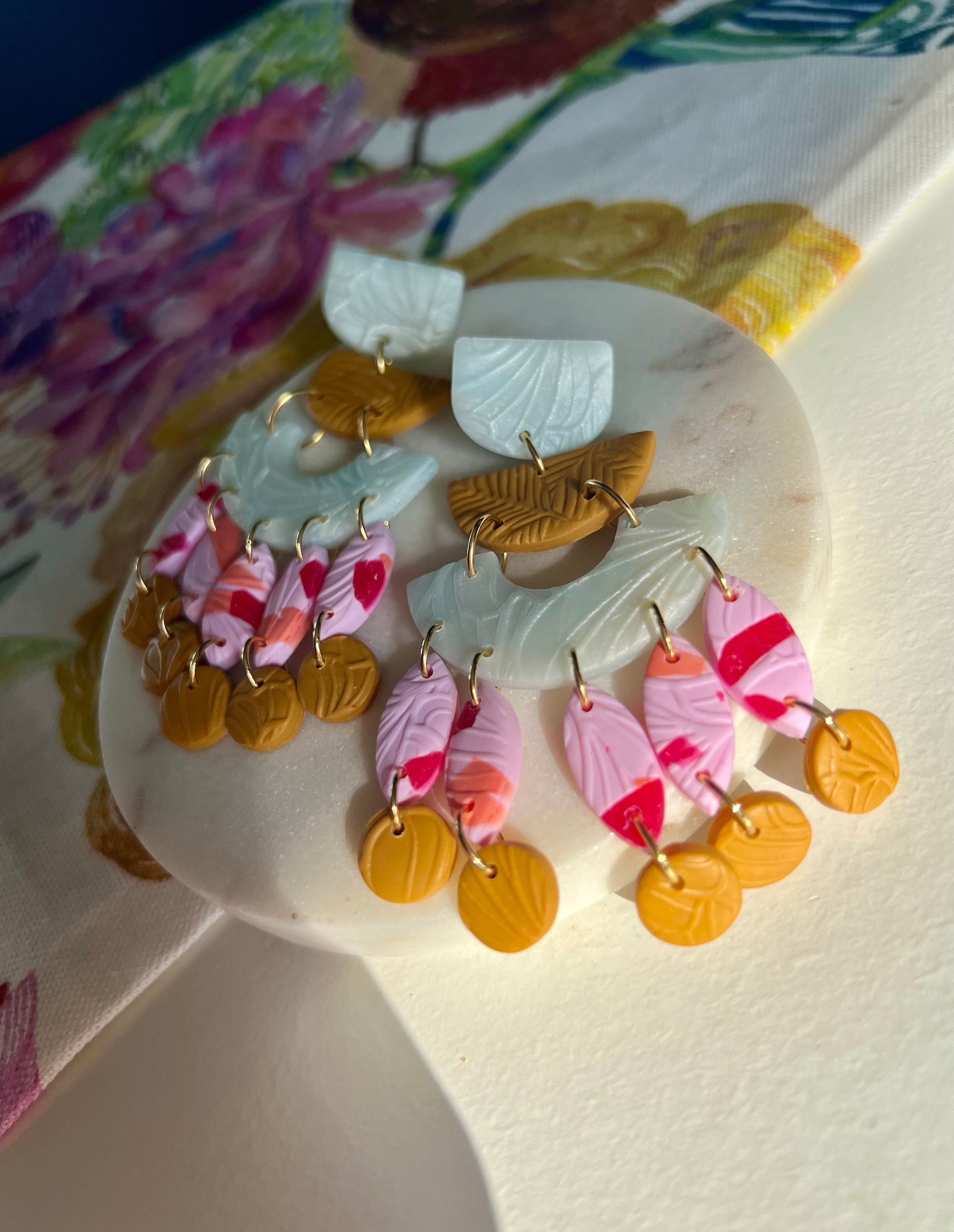 Ochre, Ice Blue & Pink Statement Earrings
