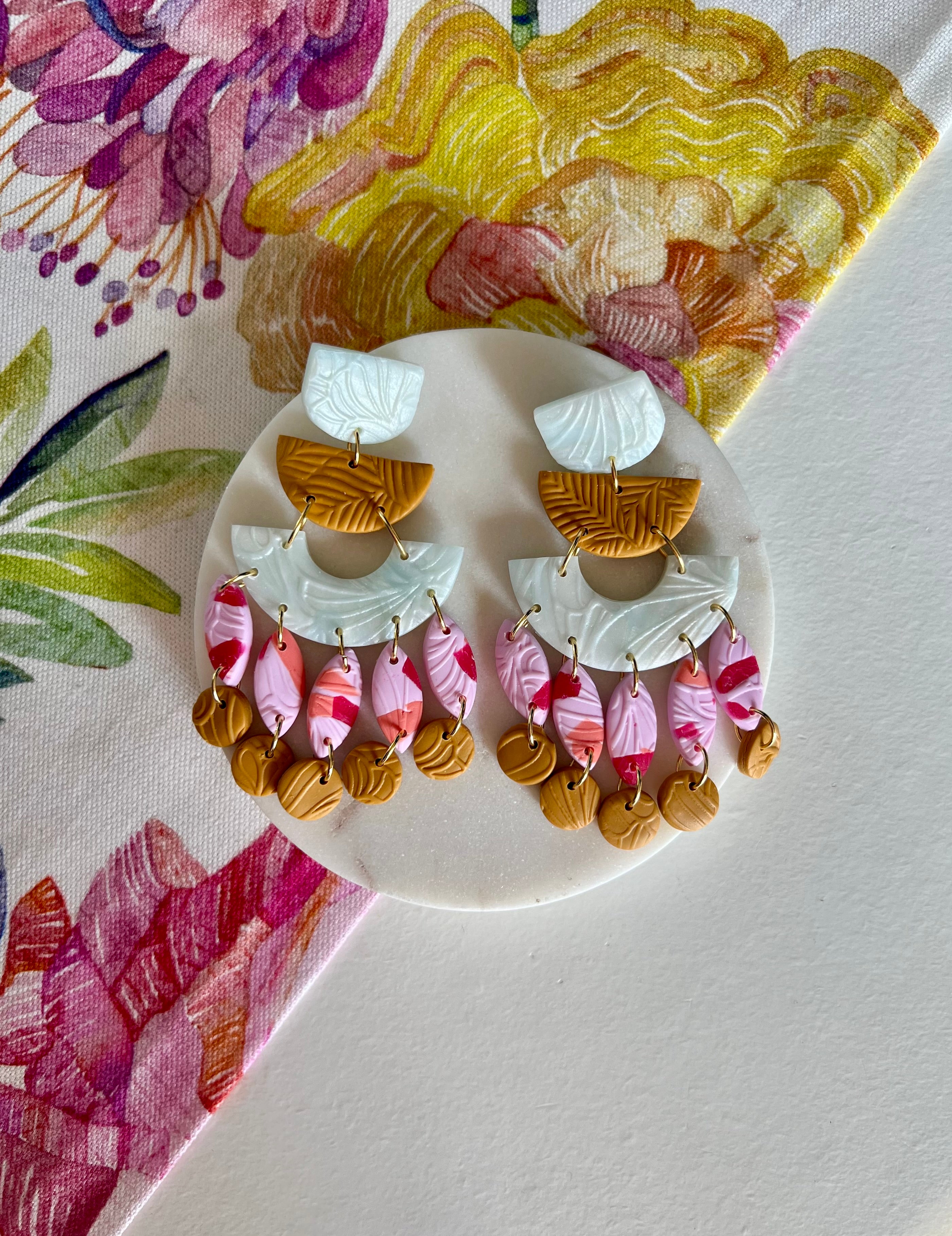 Ochre, Ice Blue & Pink Statement Earrings