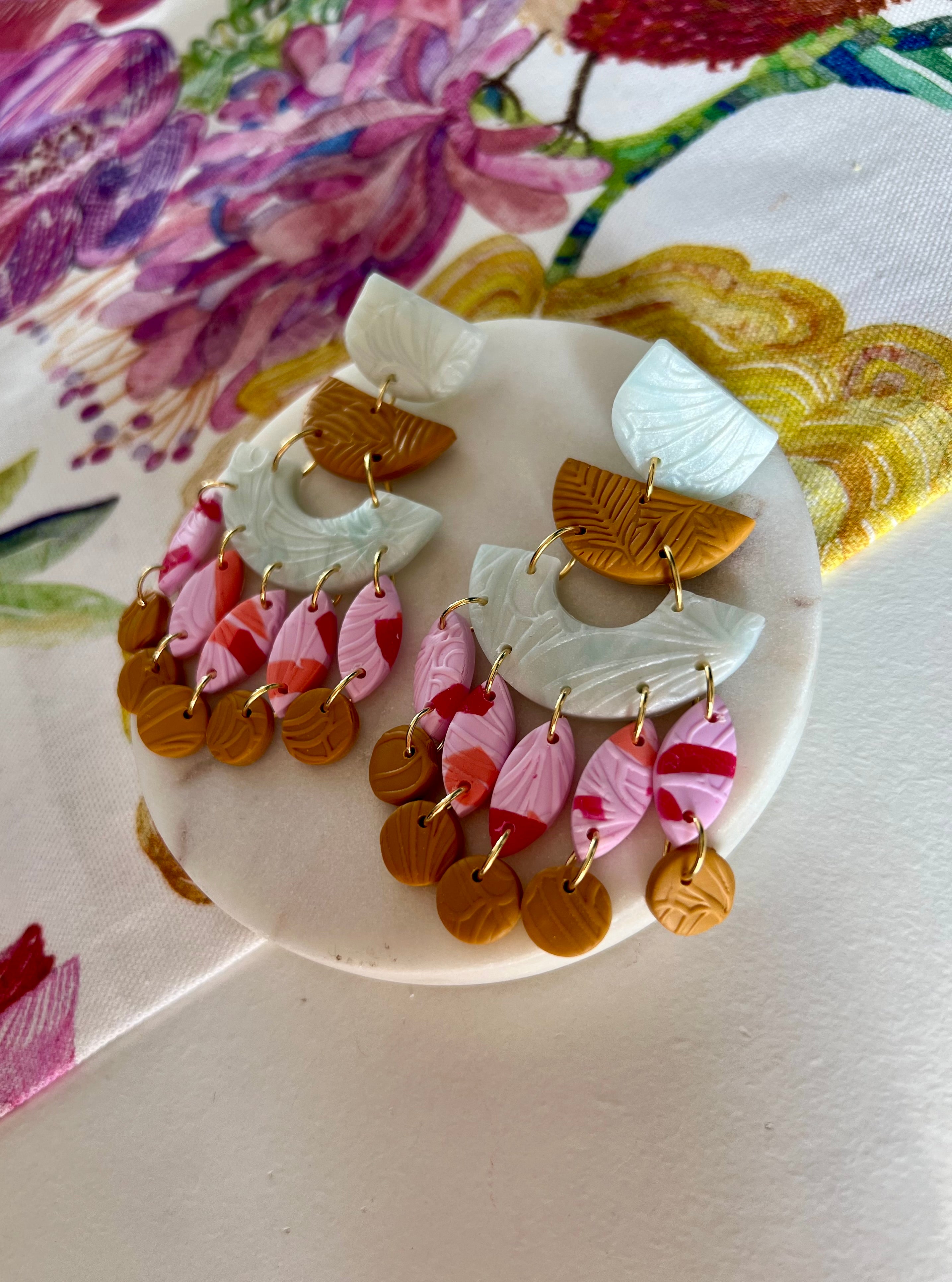 Ochre, Ice Blue & Pink Statement Earrings