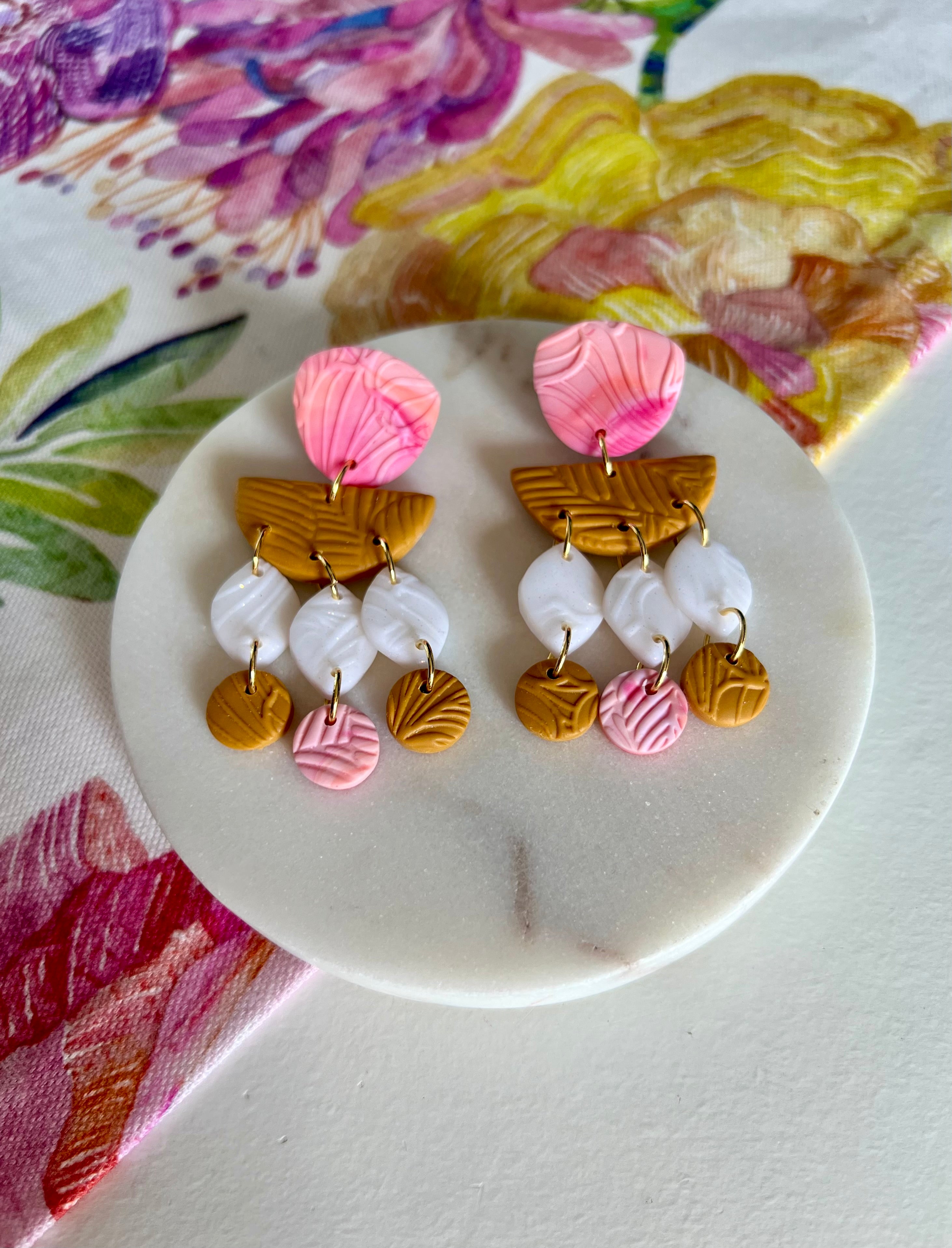 Marbled Pink & Ochre Statement Earrings