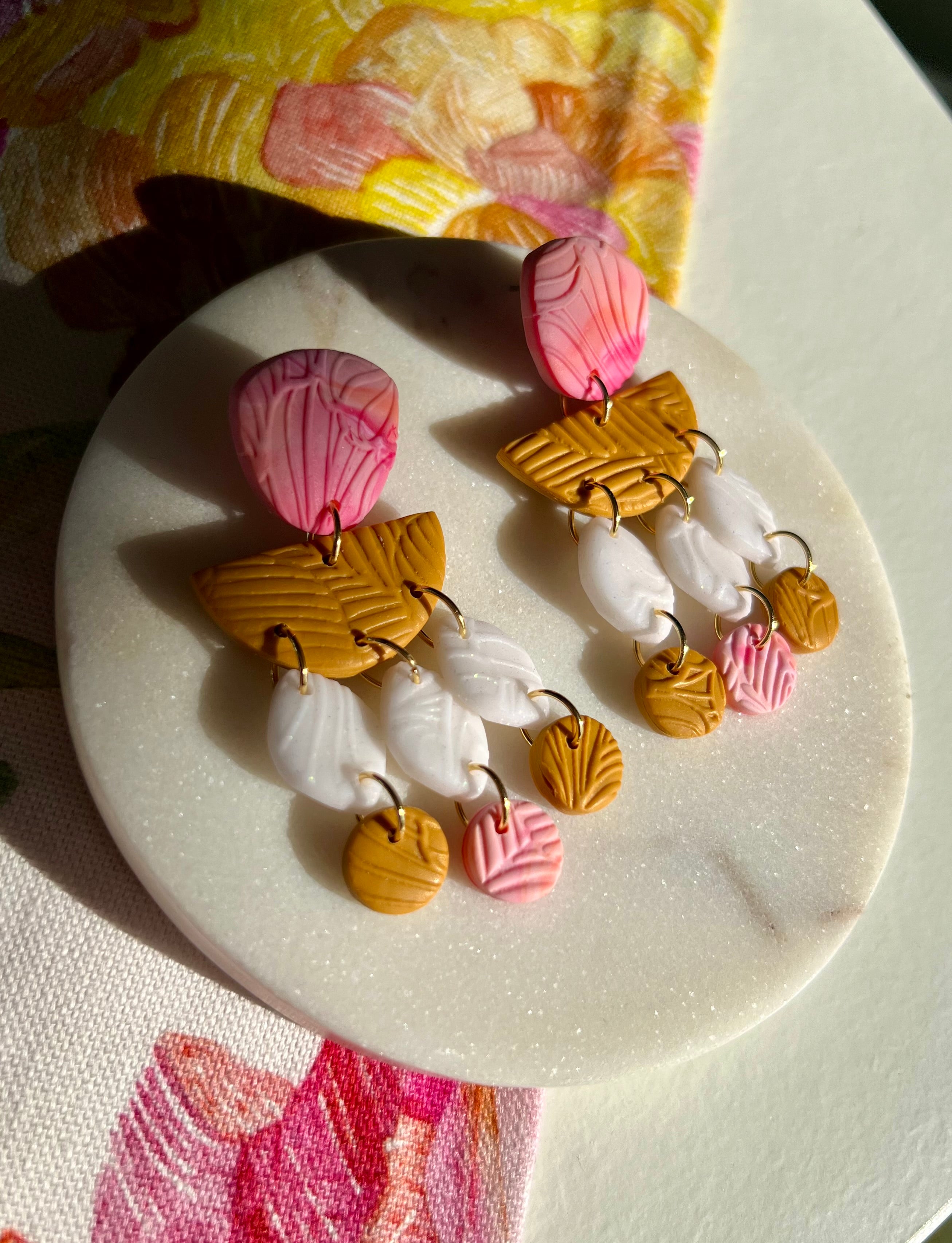 Marbled Pink & Ochre Statement Earrings