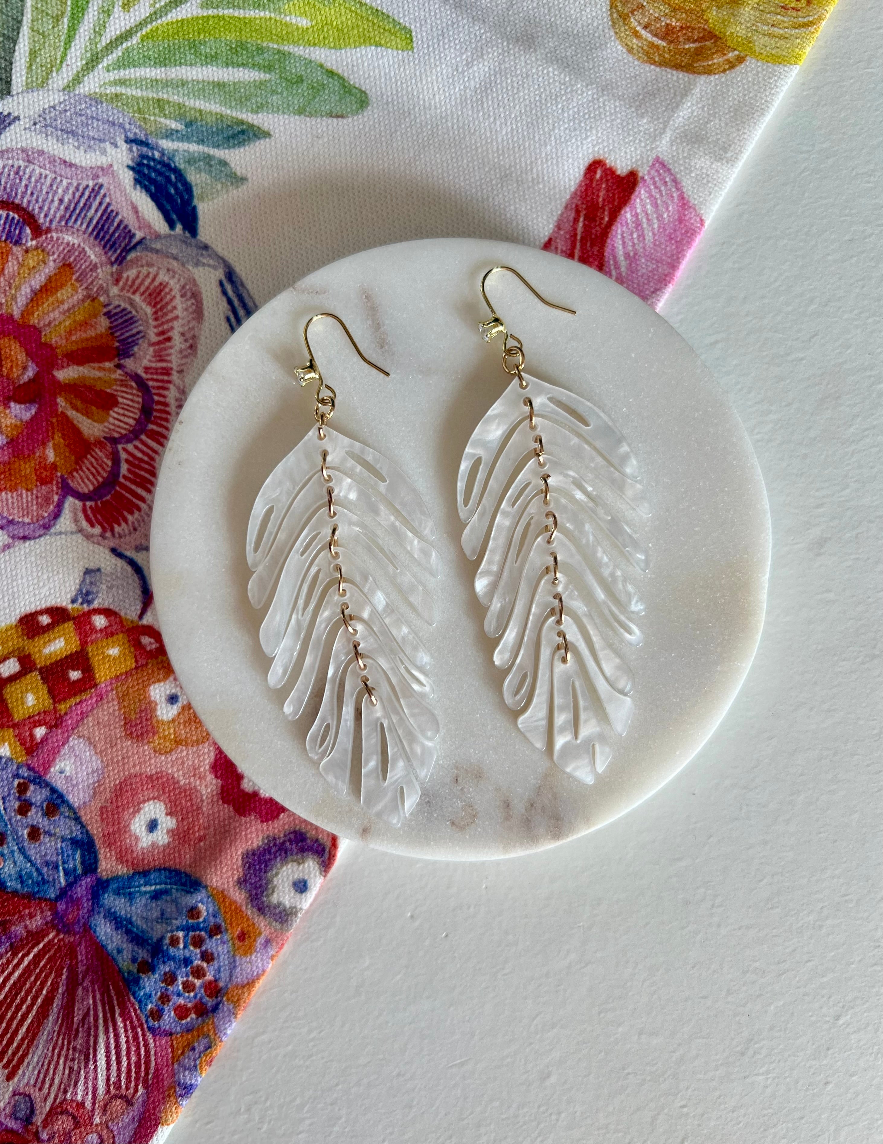 White Pearlescent Palm Leaf Earrings