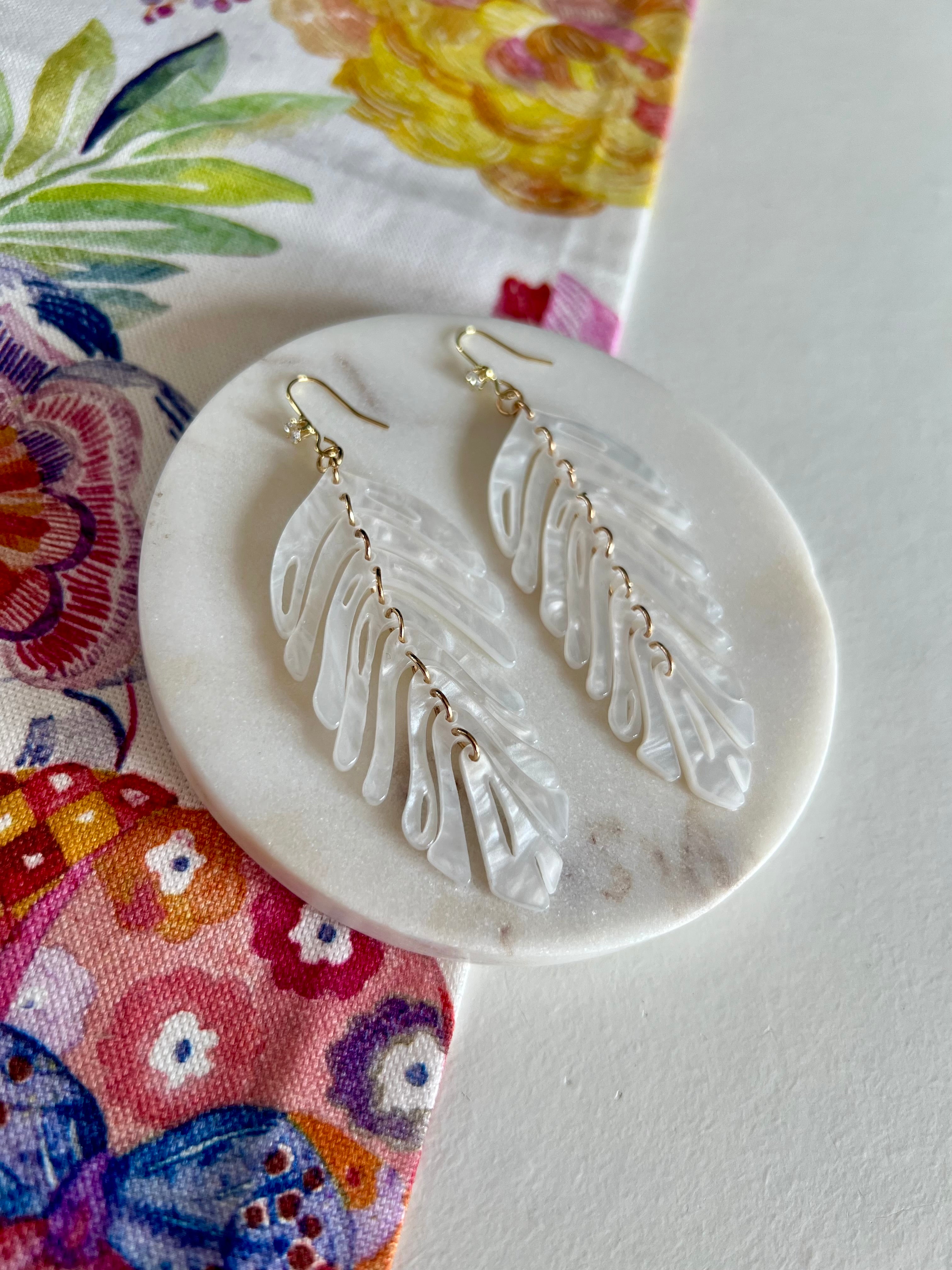 White Pearlescent Palm Leaf Earrings