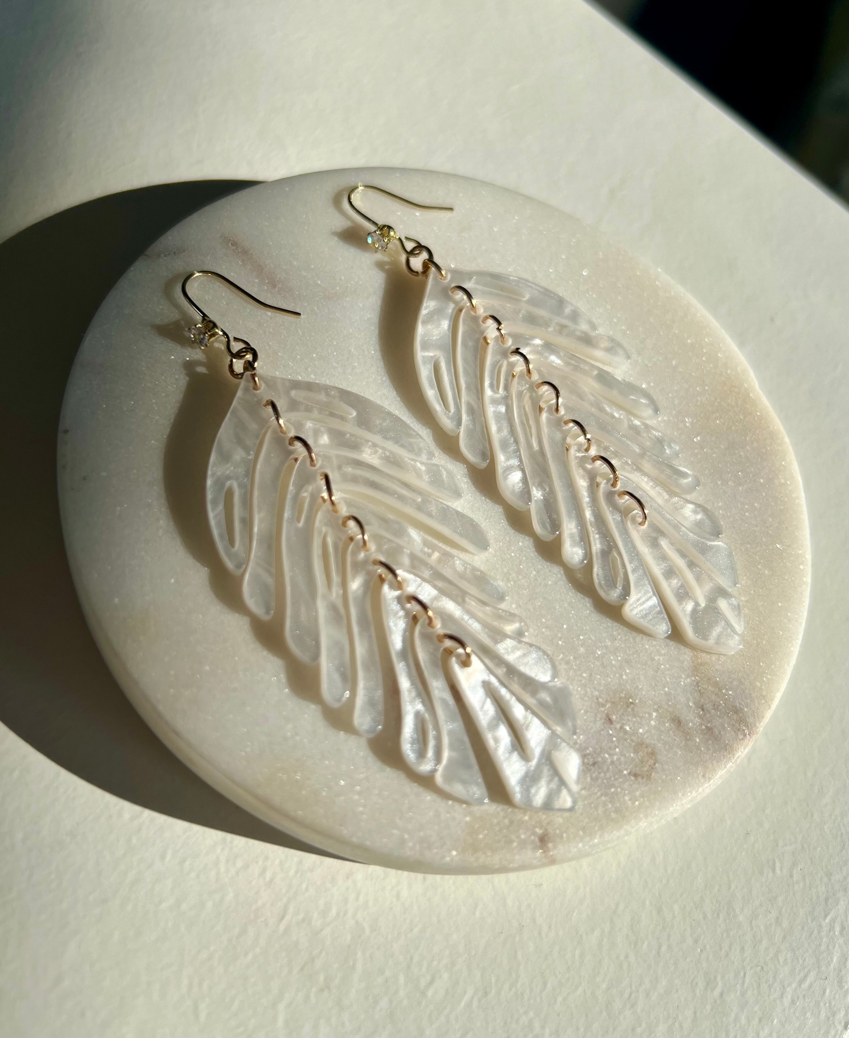 White Pearlescent Palm Leaf Earrings