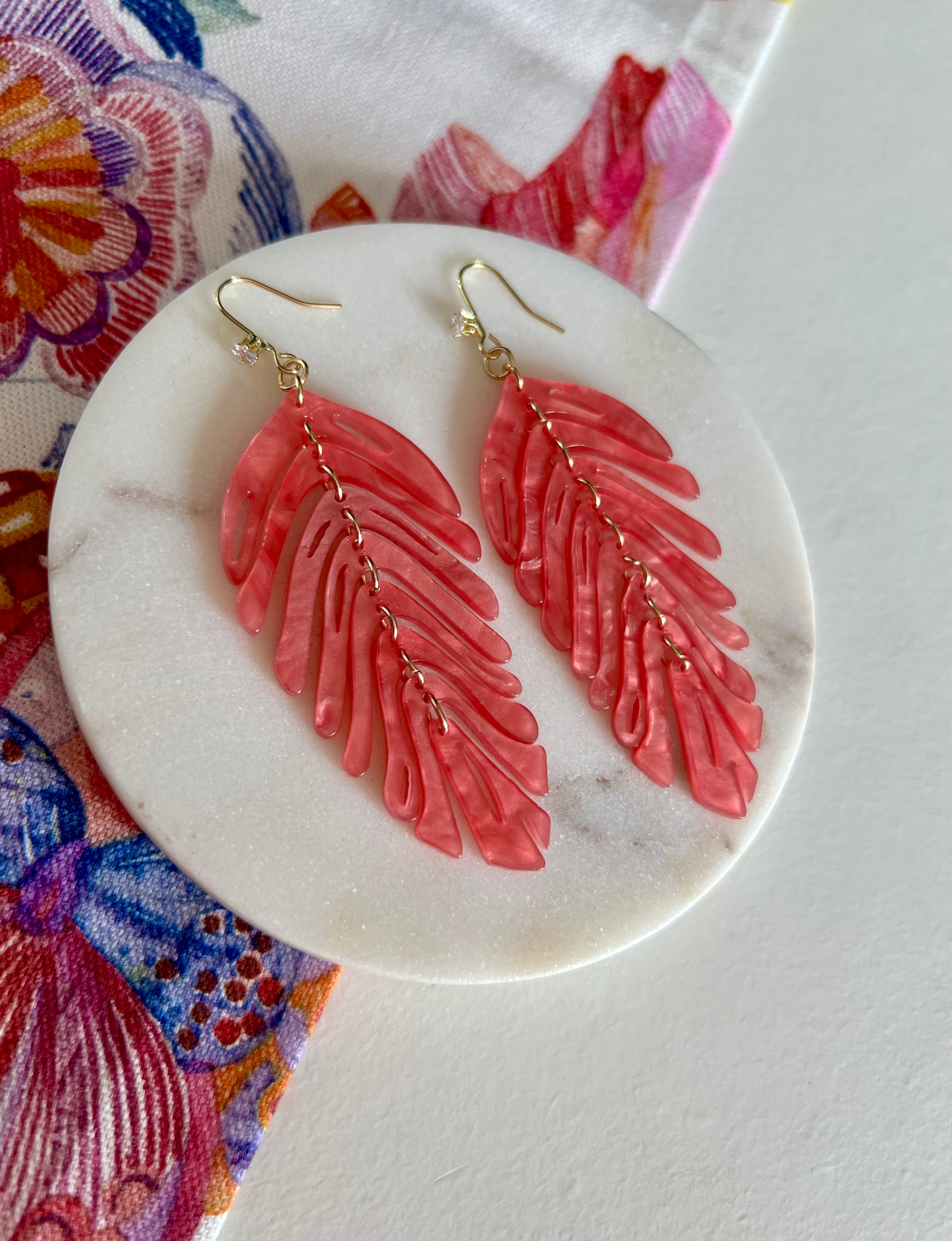 Pink Pearlescent Palm Leaf Earrings