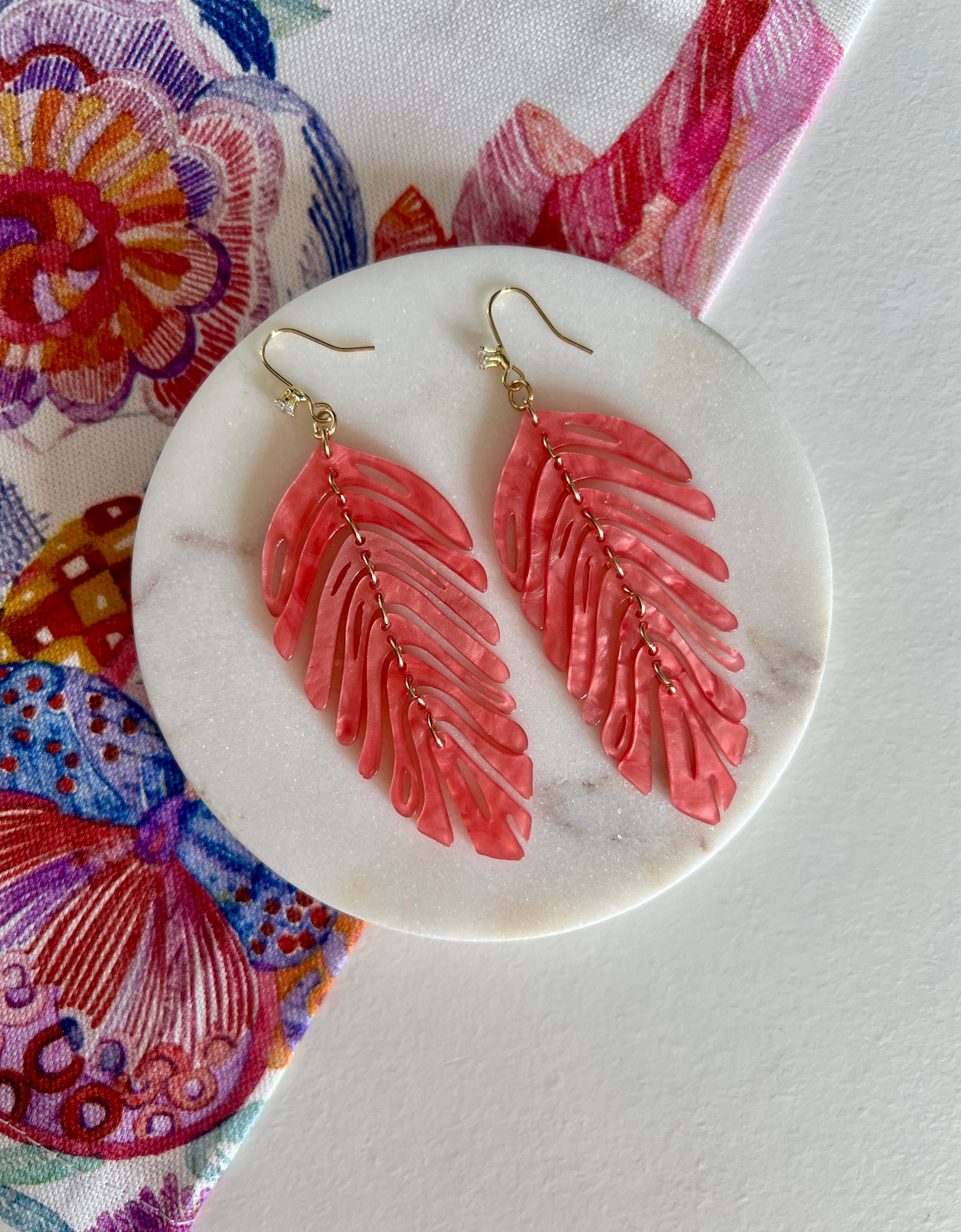 Pink Pearlescent Palm Leaf Earrings