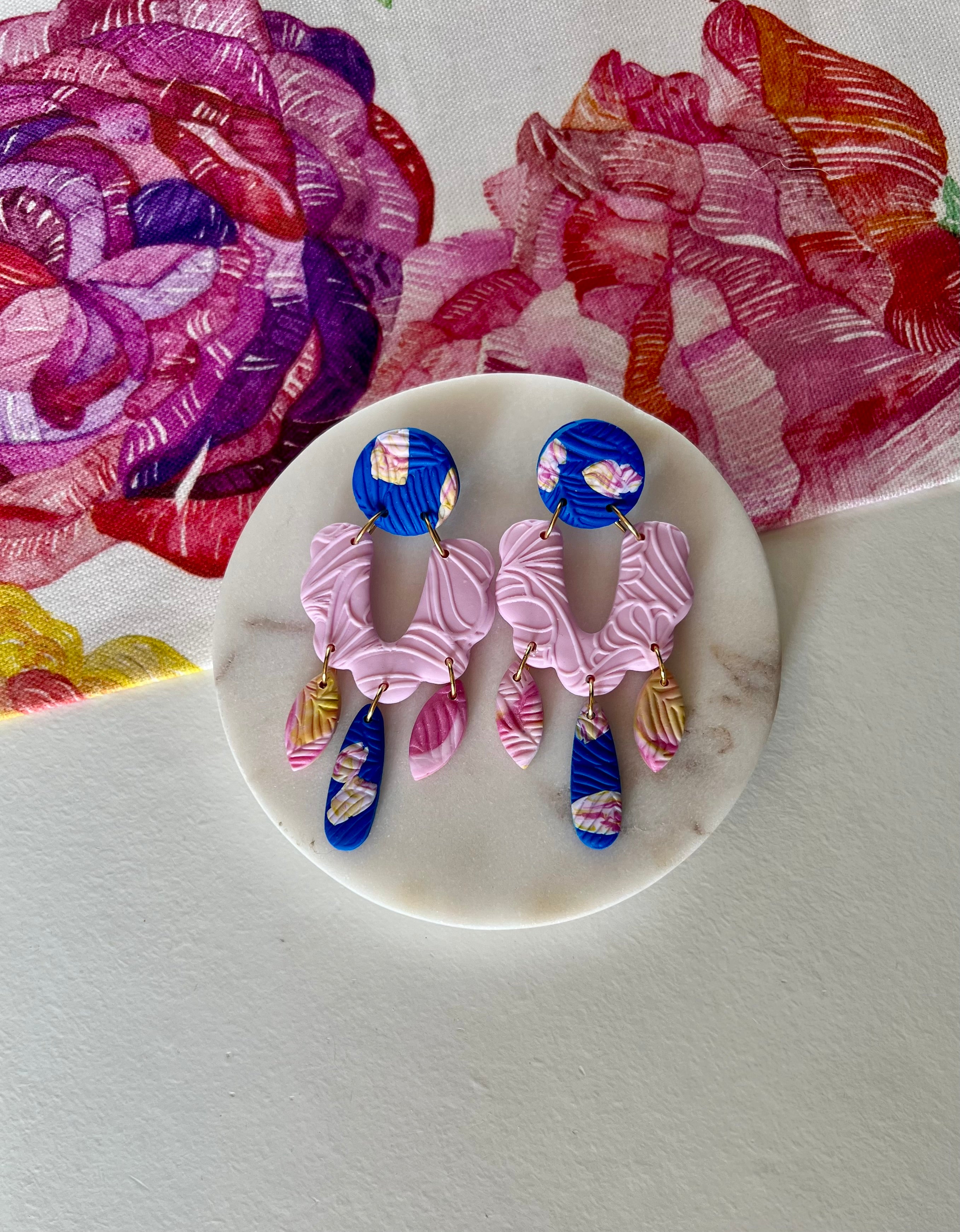Pink & Electric Blue Floral Earrings