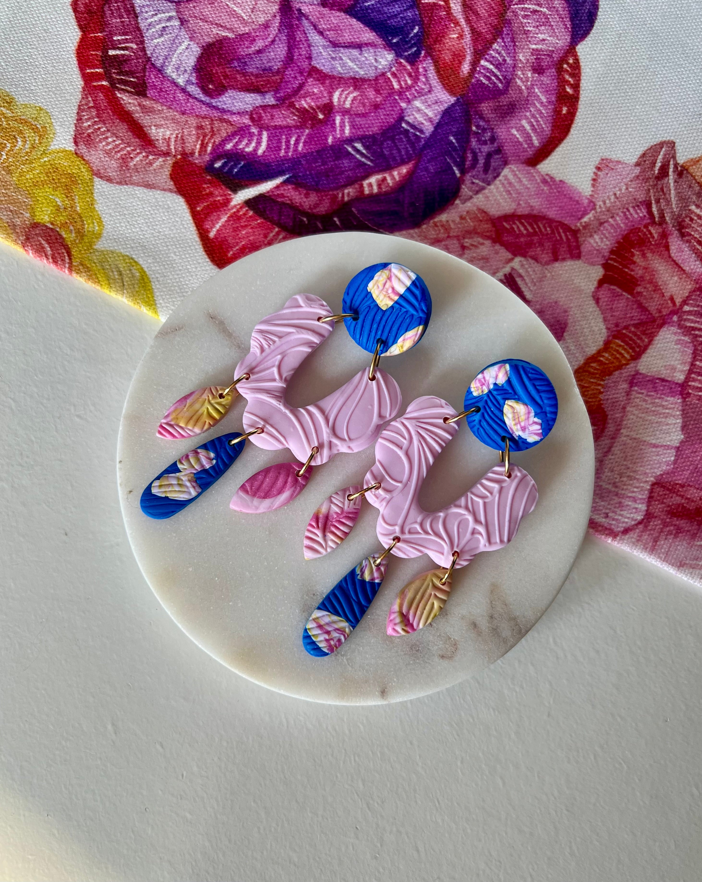 Pink & Electric Blue Floral Earrings