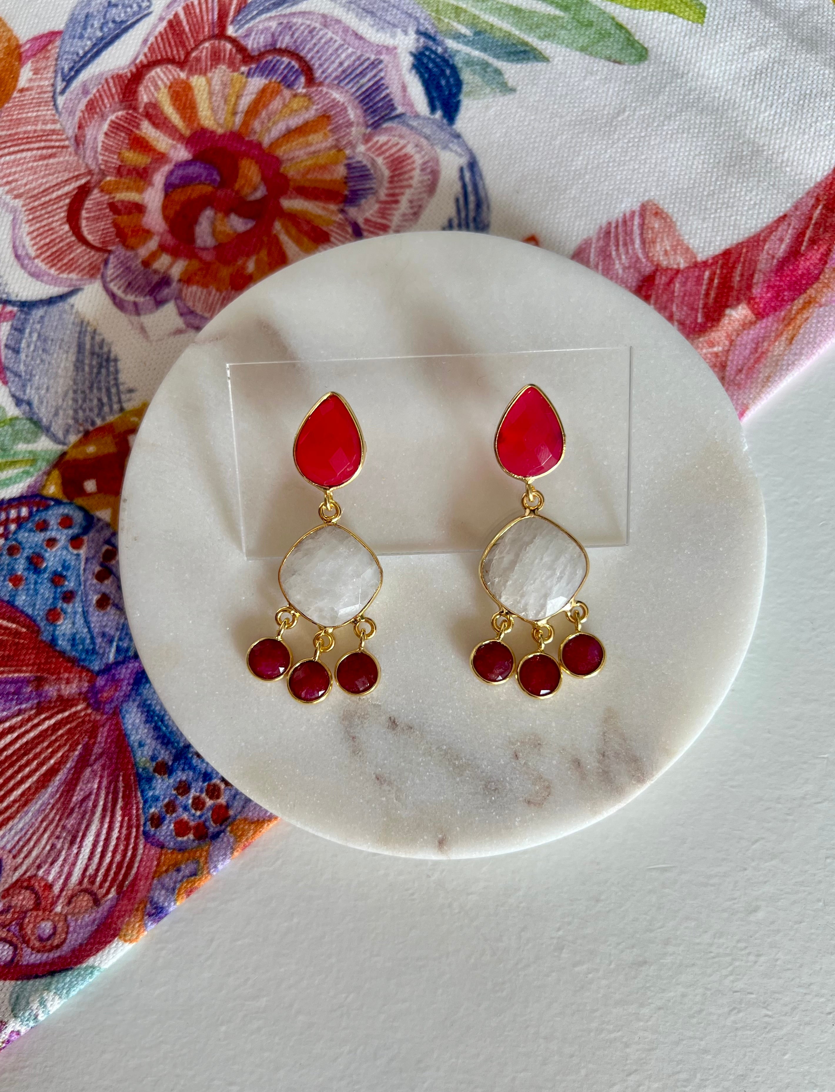 Pink Chalcedony, Moonstone & Ruby Earrings