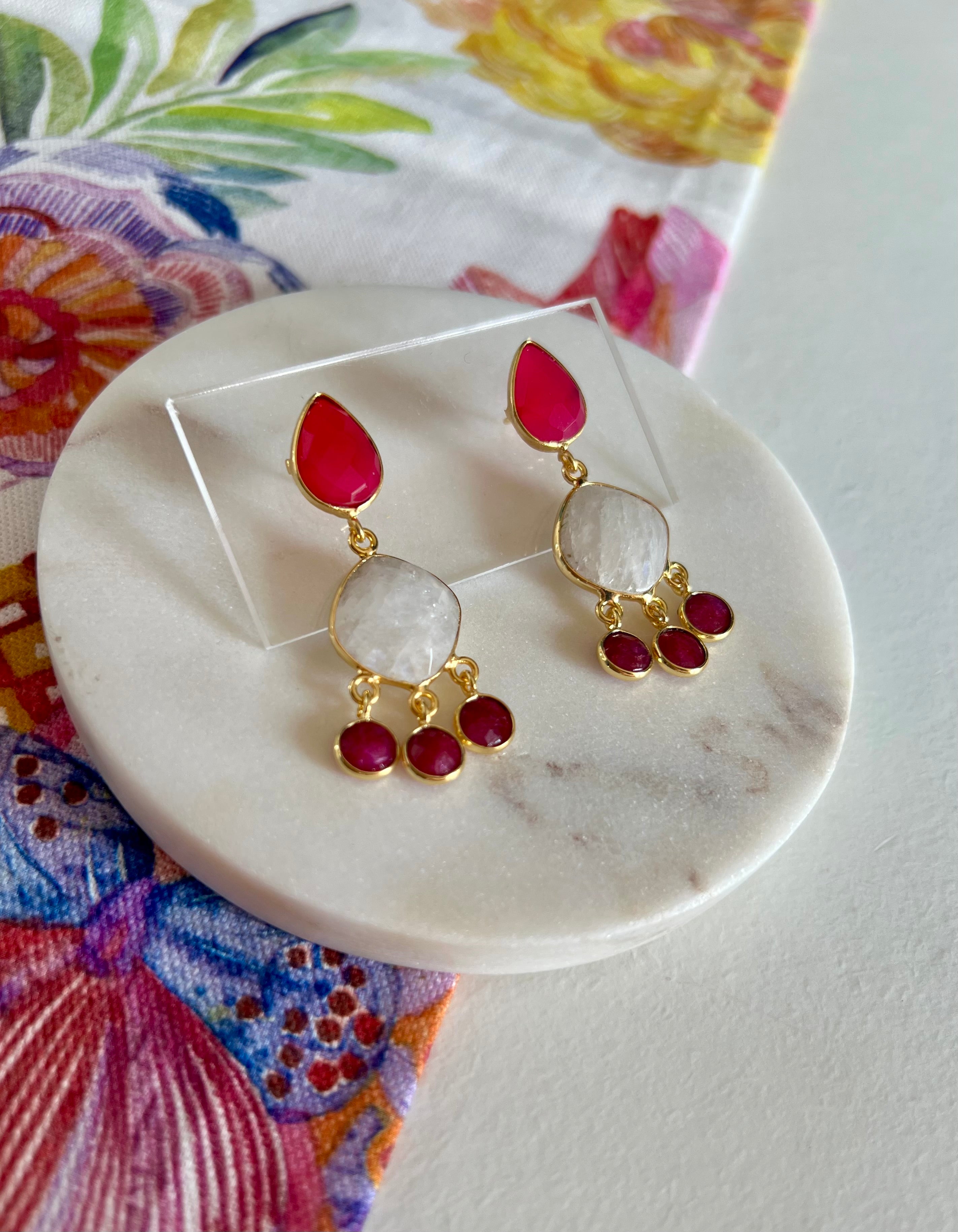 Pink Chalcedony, Moonstone & Ruby Earrings