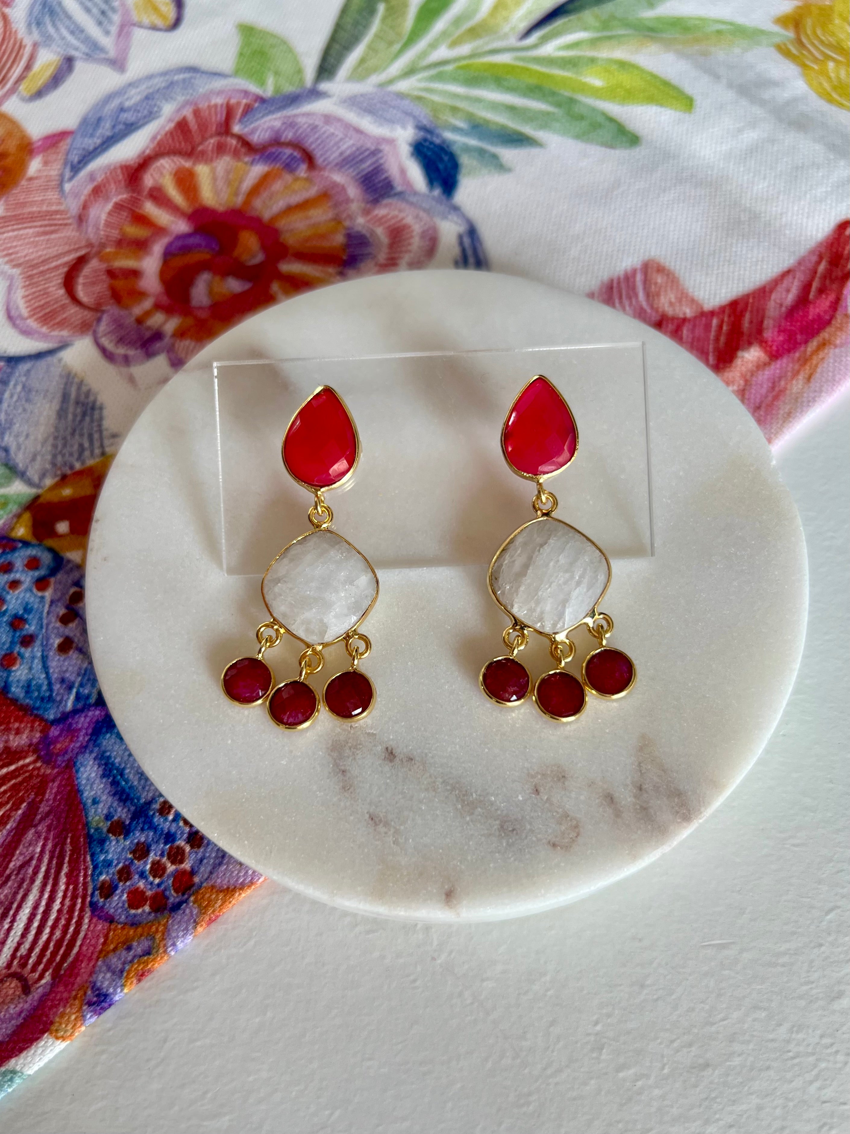 Pink Chalcedony, Moonstone & Ruby Earrings
