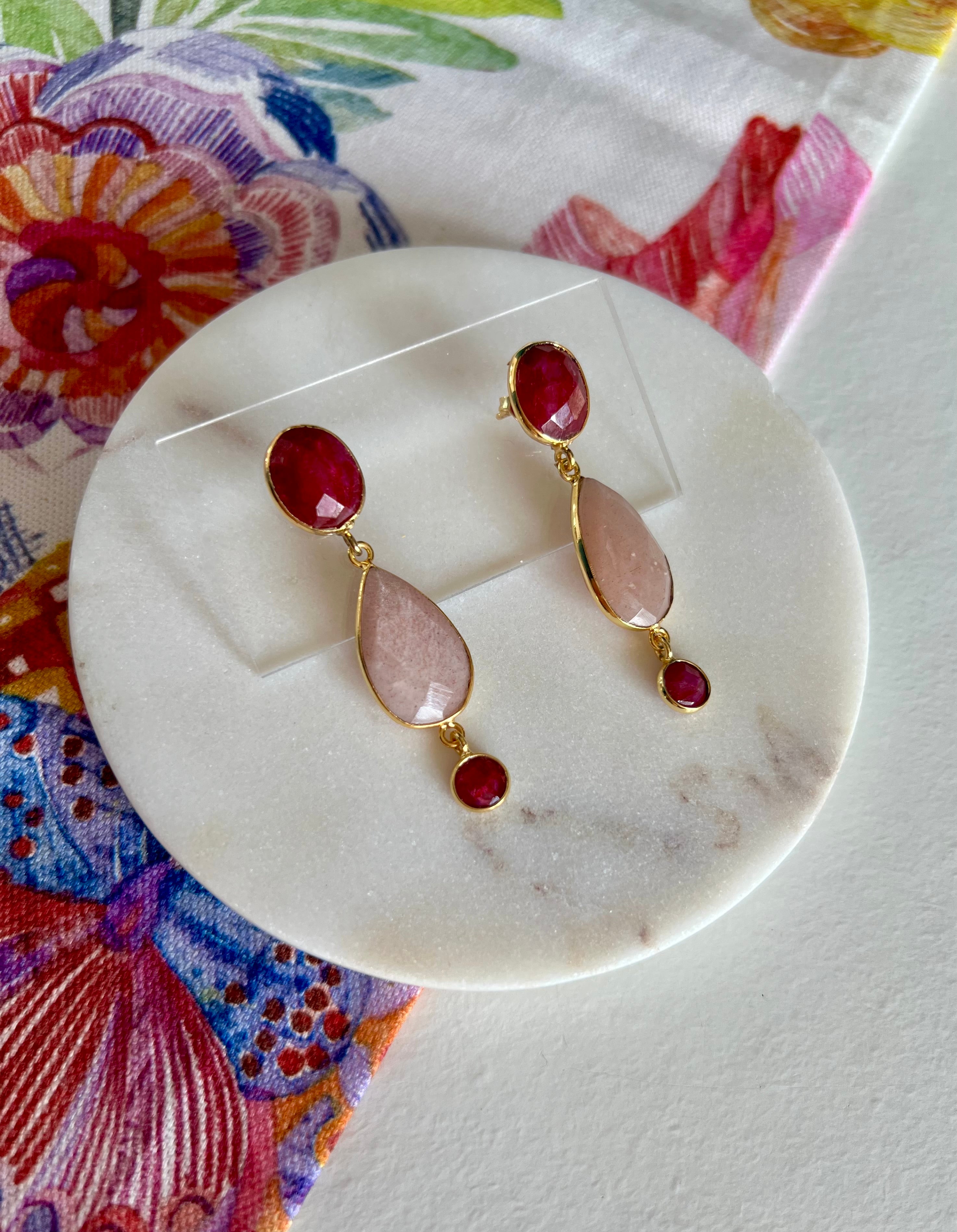 Ruby & Peach Moonstone Earrings