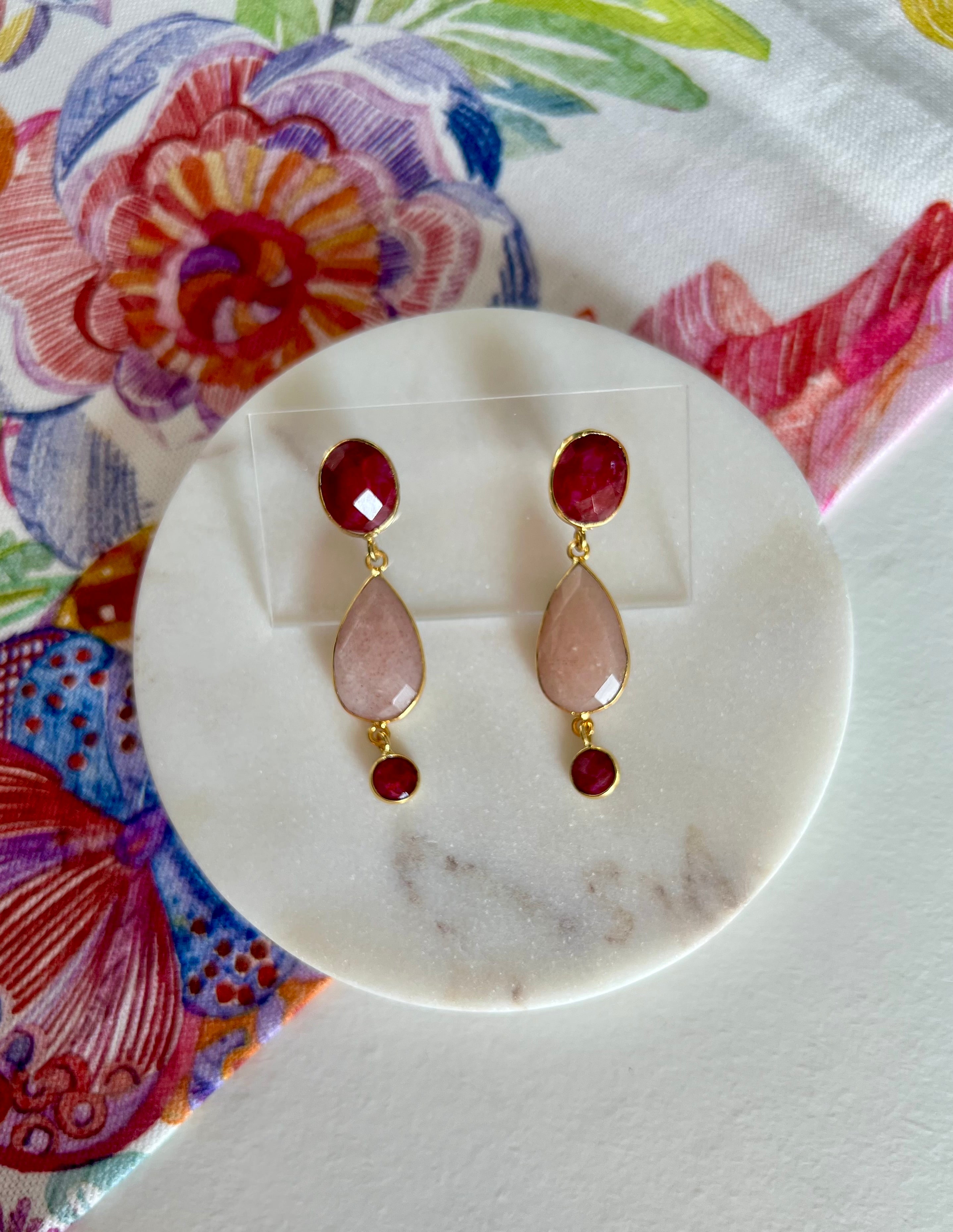 Ruby & Peach Moonstone Earrings