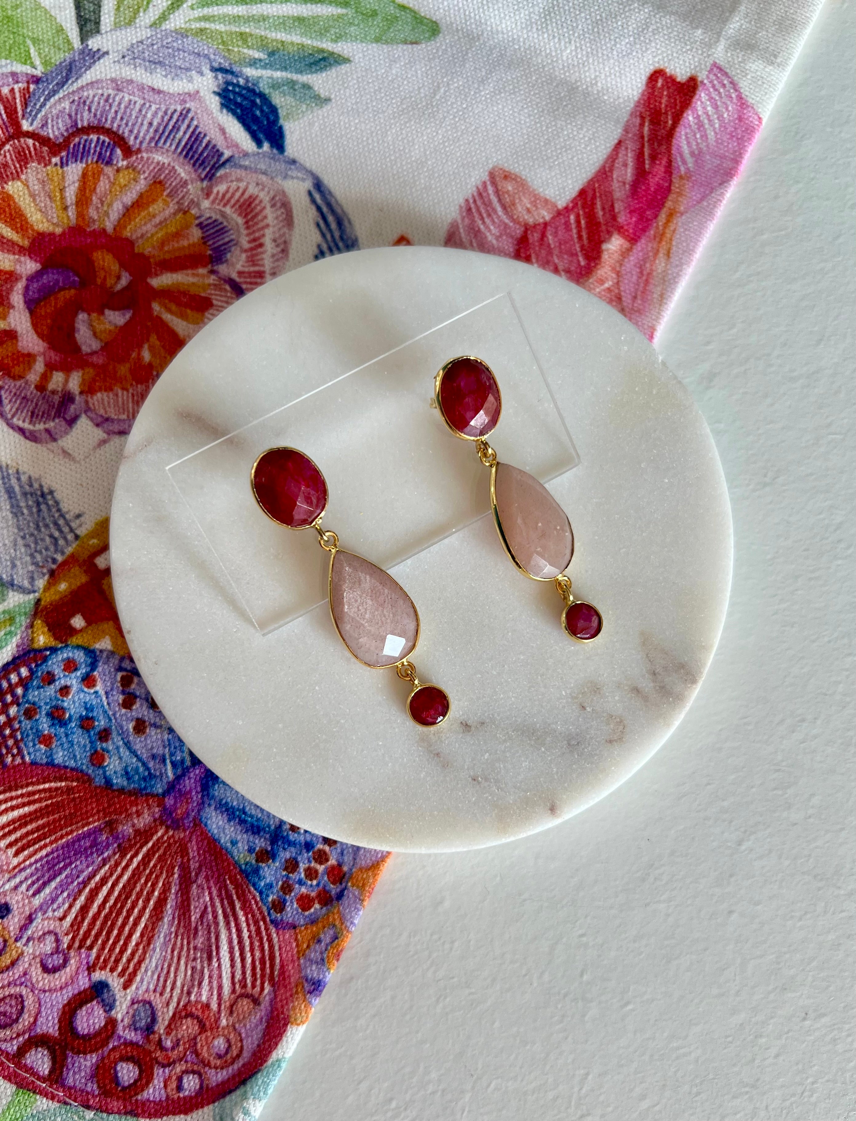 Ruby & Peach Moonstone Earrings