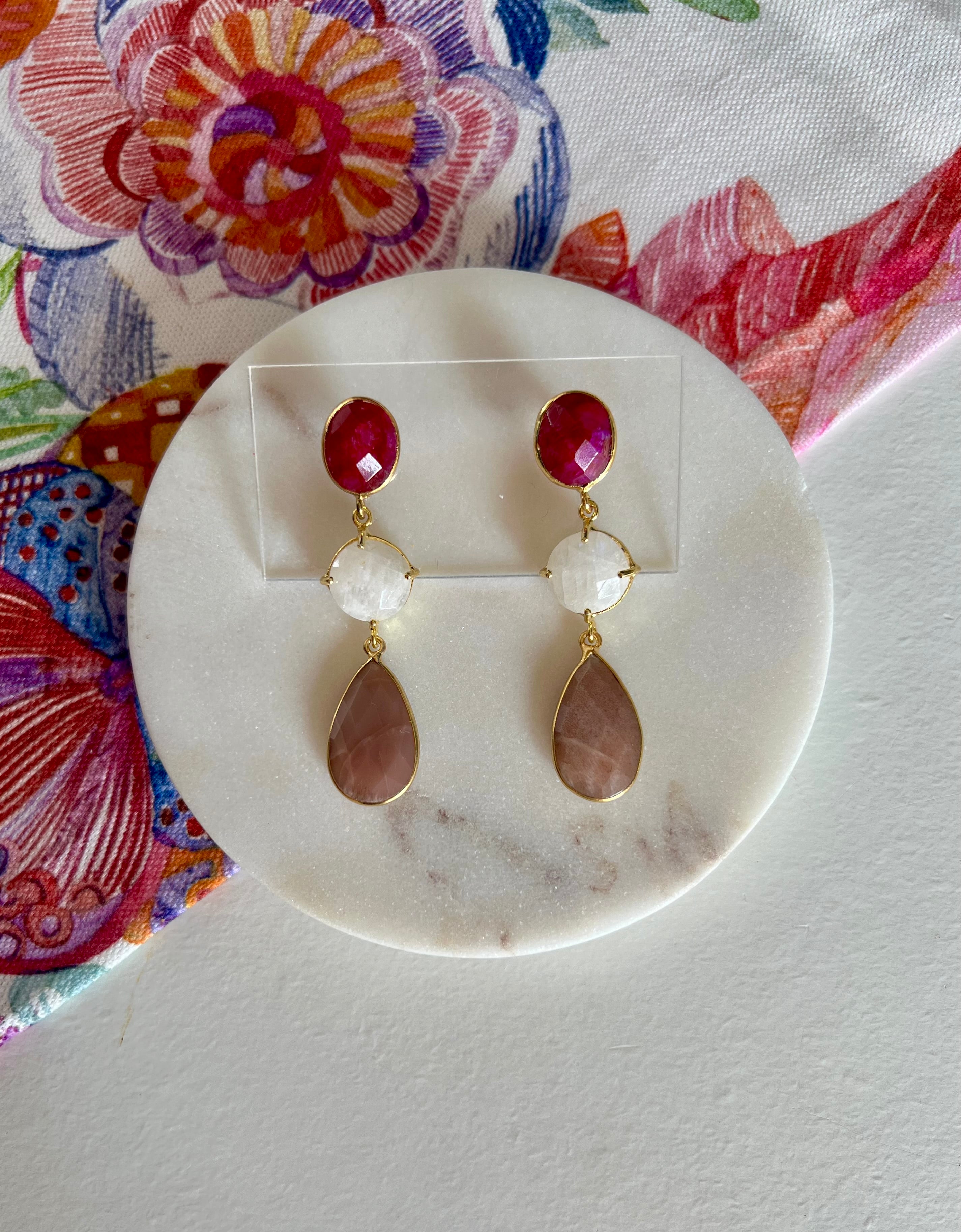 Ruby, Moonstone & Peach Moonstone Earrings