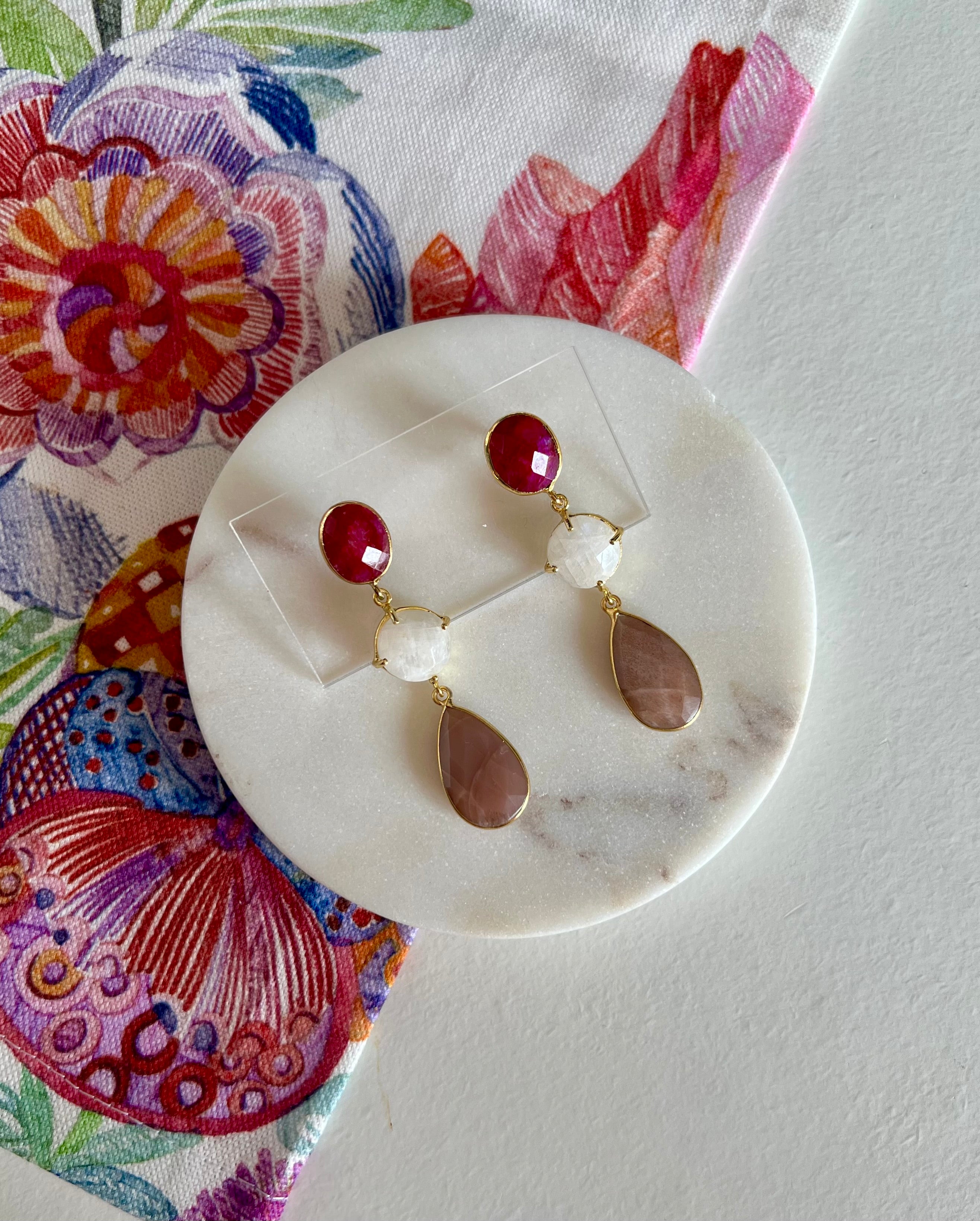 Ruby, Moonstone & Peach Moonstone Earrings