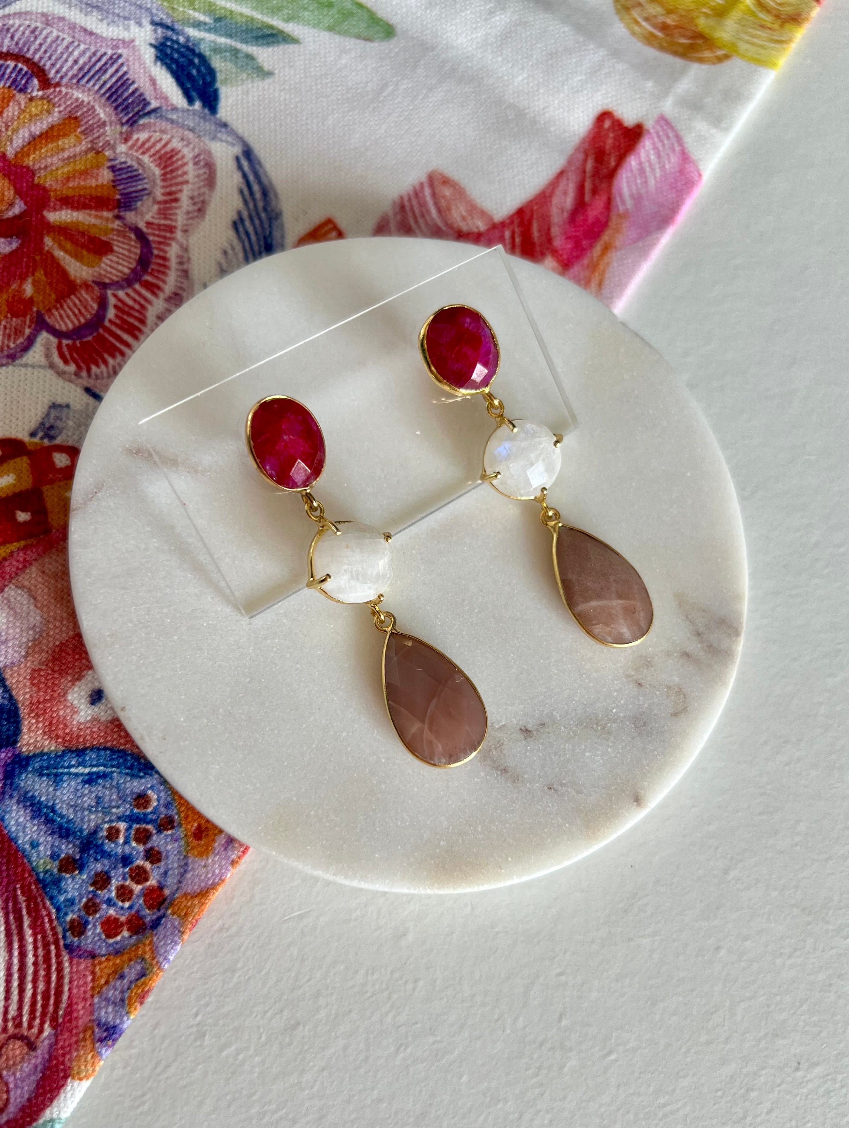 Ruby, Moonstone & Peach Moonstone Earrings
